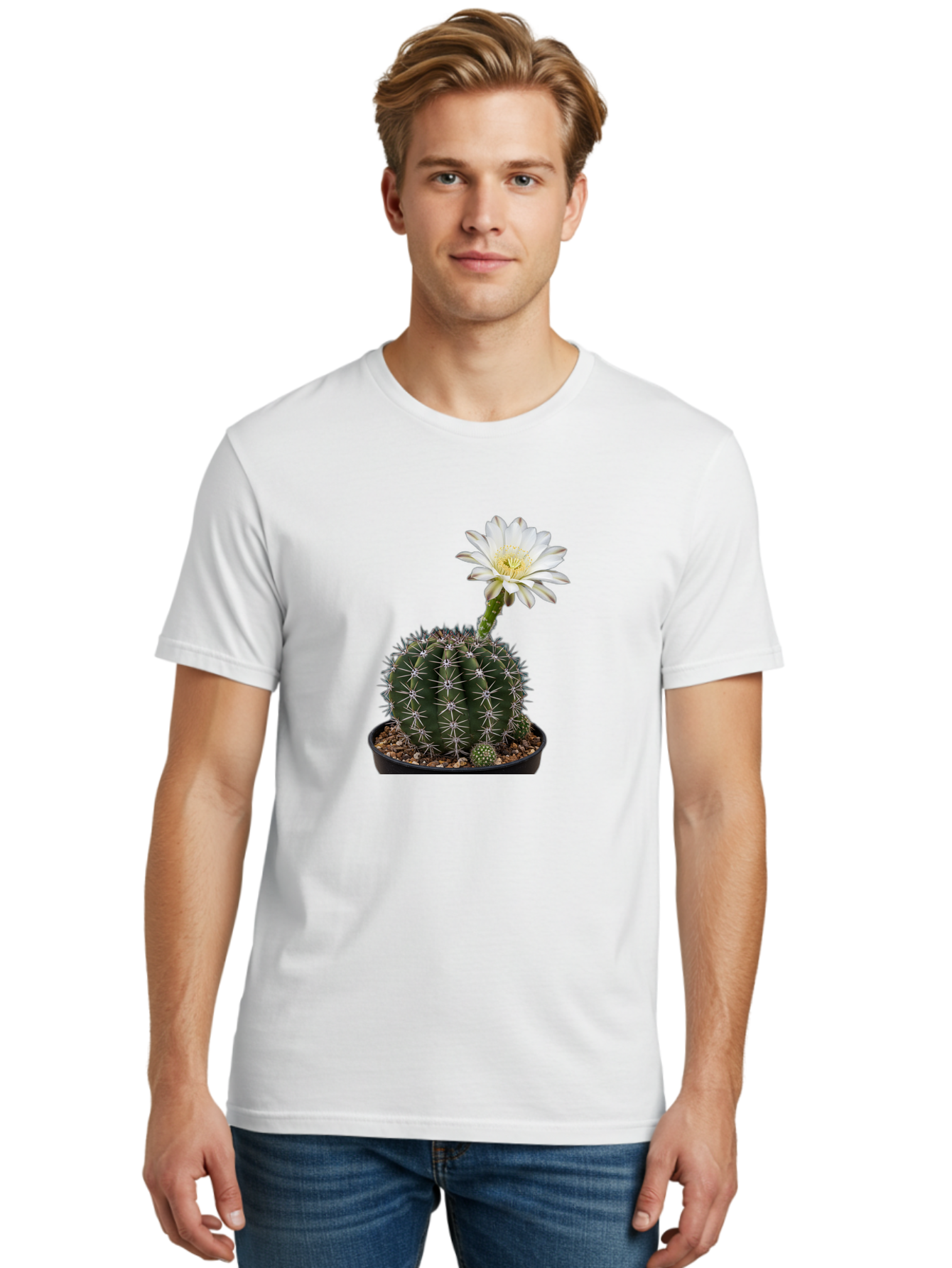 Cactus-With-White-Flower Men'S Graphic Tee, 100% Cotton, Comfortable Casual Summer Wear, Machine Washable, Cactus Plant, White Flower, Yellow Center, Spiky Texture, Potted Cactus, Succulent Bloom, Desert Flora, Floral Beauty, Cactus Flower, Bac769