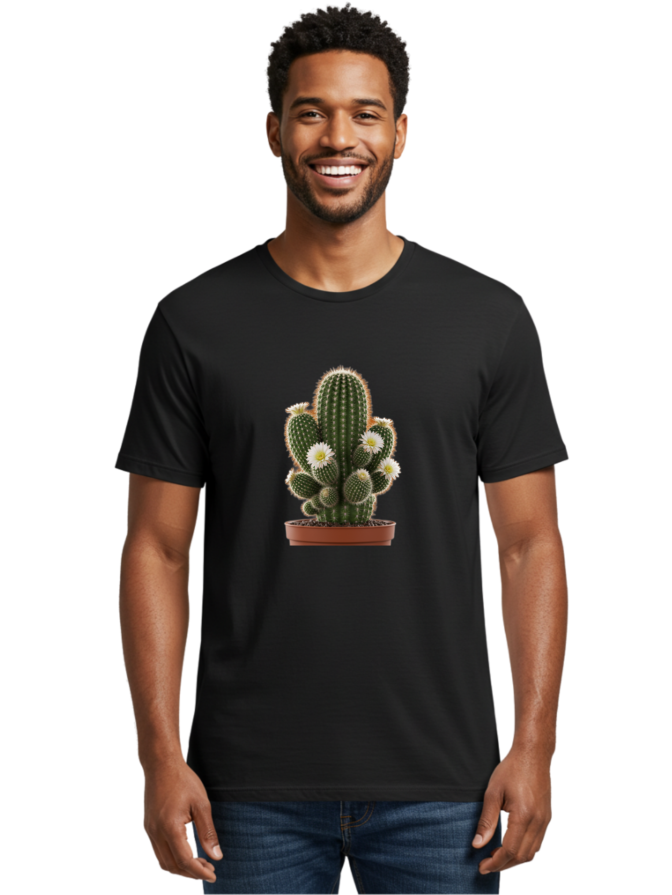 Cactus-With-White-Flowers Men'S Graphic Tee, 100% Cotton, Comfortable Casual Summer Wear, Machine Washable, Cactus Plant, White Flowers, Spiky Texture, Potted Cactus, Blooming Cactus, Desert Plants, Succulent Garden, Houseplants, Bac770