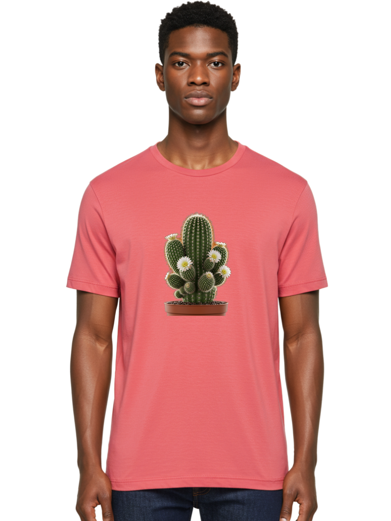 Cactus-With-White-Flowers Men'S Graphic Tee, 100% Cotton, Comfortable Casual Summer Wear, Machine Washable, Cactus Plant, White Flowers, Spiky Texture, Potted Cactus, Blooming Cactus, Desert Plants, Succulent Garden, Houseplants, Bac770