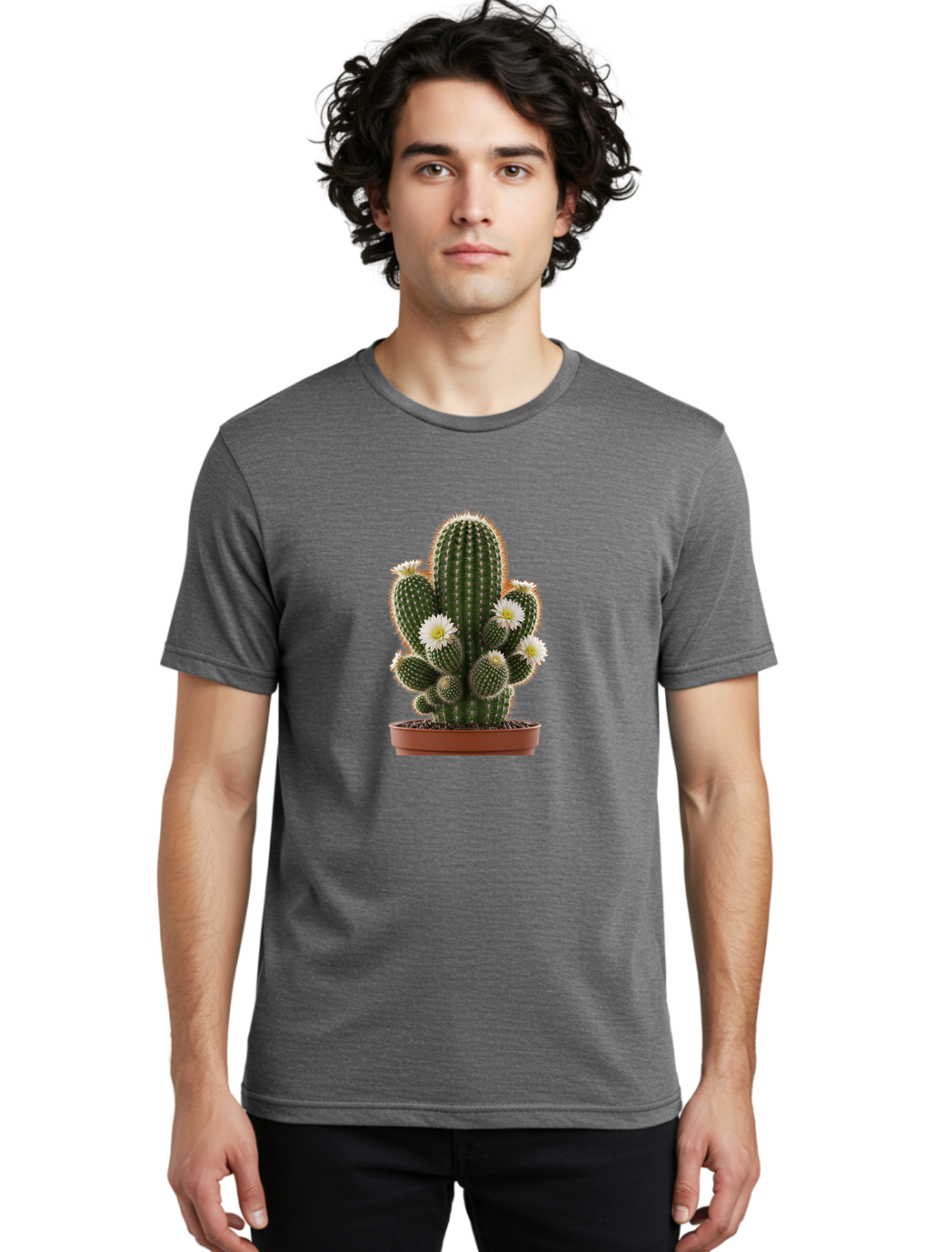 Cactus-With-White-Flowers Men'S Graphic Tee, 100% Cotton, Comfortable Casual Summer Wear, Machine Washable, Cactus Plant, White Flowers, Spiky Texture, Potted Cactus, Blooming Cactus, Desert Plants, Succulent Garden, Houseplants, Bac770