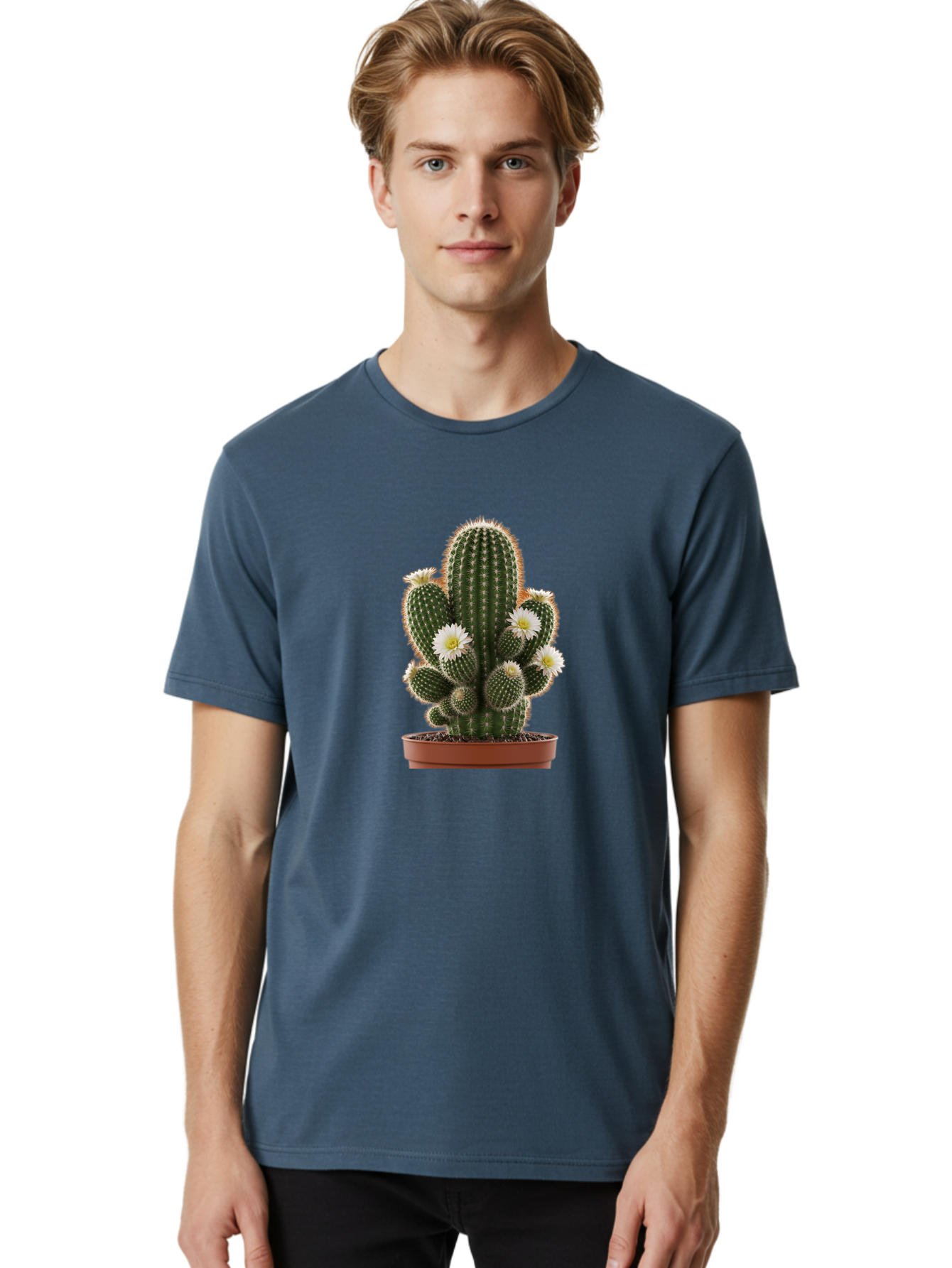 Cactus-With-White-Flowers Men'S Graphic Tee, 100% Cotton, Comfortable Casual Summer Wear, Machine Washable, Cactus Plant, White Flowers, Spiky Texture, Potted Cactus, Blooming Cactus, Desert Plants, Succulent Garden, Houseplants, Bac770