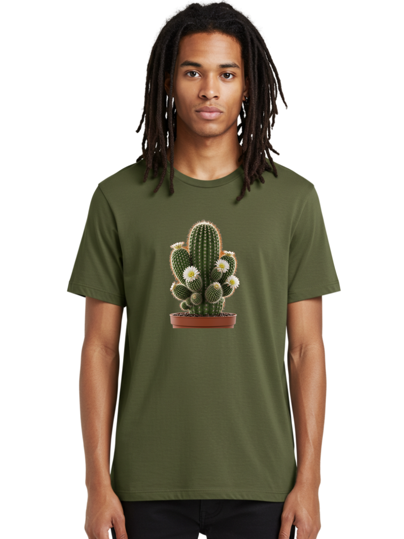 Cactus-With-White-Flowers Men'S Graphic Tee, 100% Cotton, Comfortable Casual Summer Wear, Machine Washable, Cactus Plant, White Flowers, Spiky Texture, Potted Cactus, Blooming Cactus, Desert Plants, Succulent Garden, Houseplants, Bac770