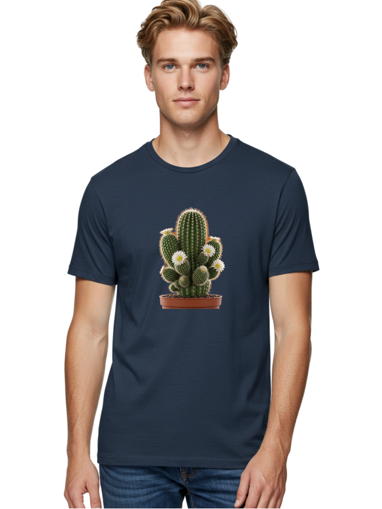 Cactus-With-White-Flowers Men'S Graphic Tee, 100% Cotton, Comfortable Casual Summer Wear, Machine Washable, Cactus Plant, White Flowers, Spiky Texture, Potted Cactus, Blooming Cactus, Desert Plants, Succulent Garden, Houseplants, Bac770
