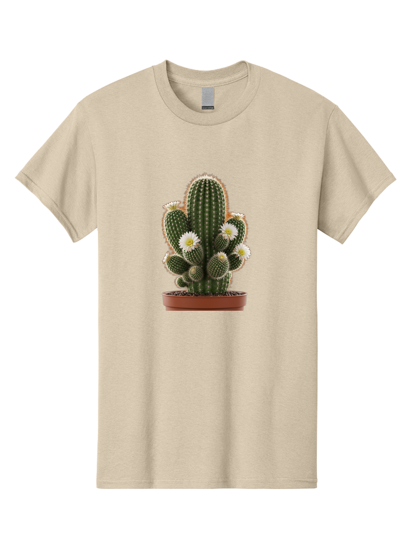 Cactus-With-White-Flowers Men'S Graphic Tee, 100% Cotton, Comfortable Casual Summer Wear, Machine Washable, Cactus Plant, White Flowers, Spiky Texture, Potted Cactus, Blooming Cactus, Desert Plants, Succulent Garden, Houseplants, Bac770
