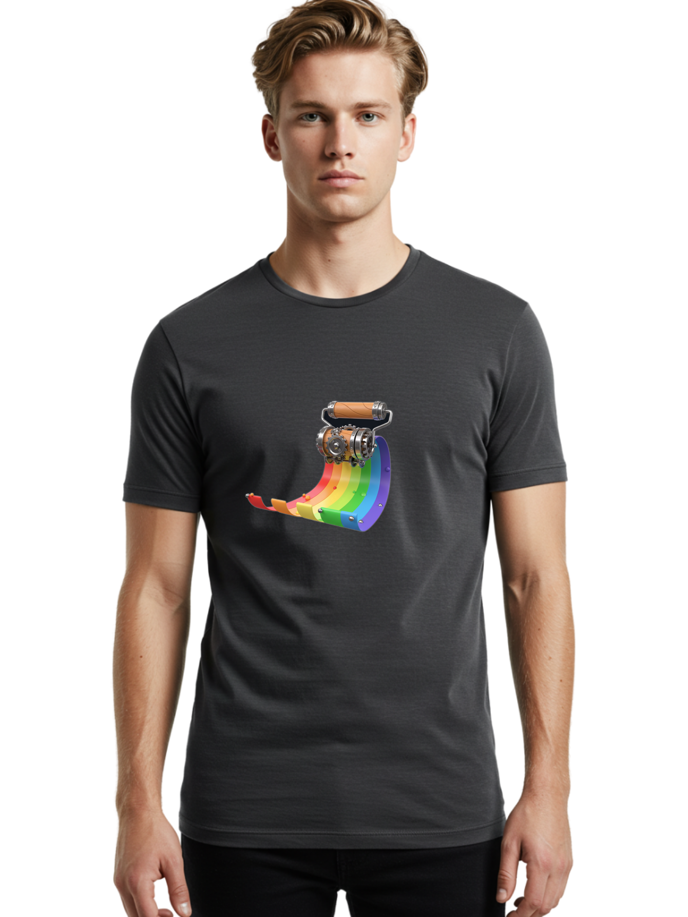 Camera-On-Strip Men'S Graphic Tee, 100% Cotton, Comfortable Casual Summer Wear, Machine Washable, Steampunk Machinery, Industrial Design, Rainbow-Colored Metal, 3D Rendering, Futuristic Technology, Retro-Futurism, Imaginative Concept, Bac772