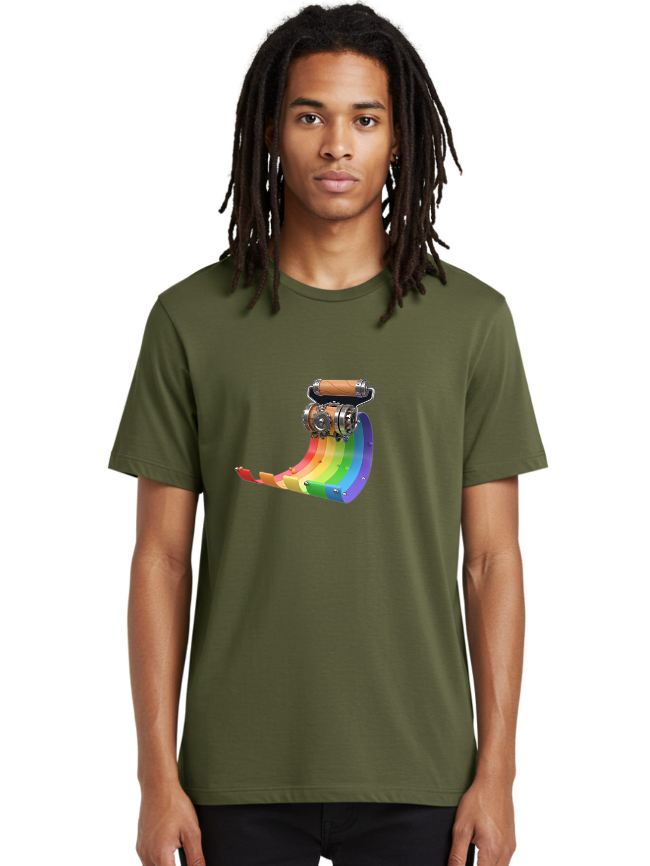 Camera-On-Strip Men'S Graphic Tee, 100% Cotton, Comfortable Casual Summer Wear, Machine Washable, Steampunk Machinery, Industrial Design, Rainbow-Colored Metal, 3D Rendering, Futuristic Technology, Retro-Futurism, Imaginative Concept, Bac772
