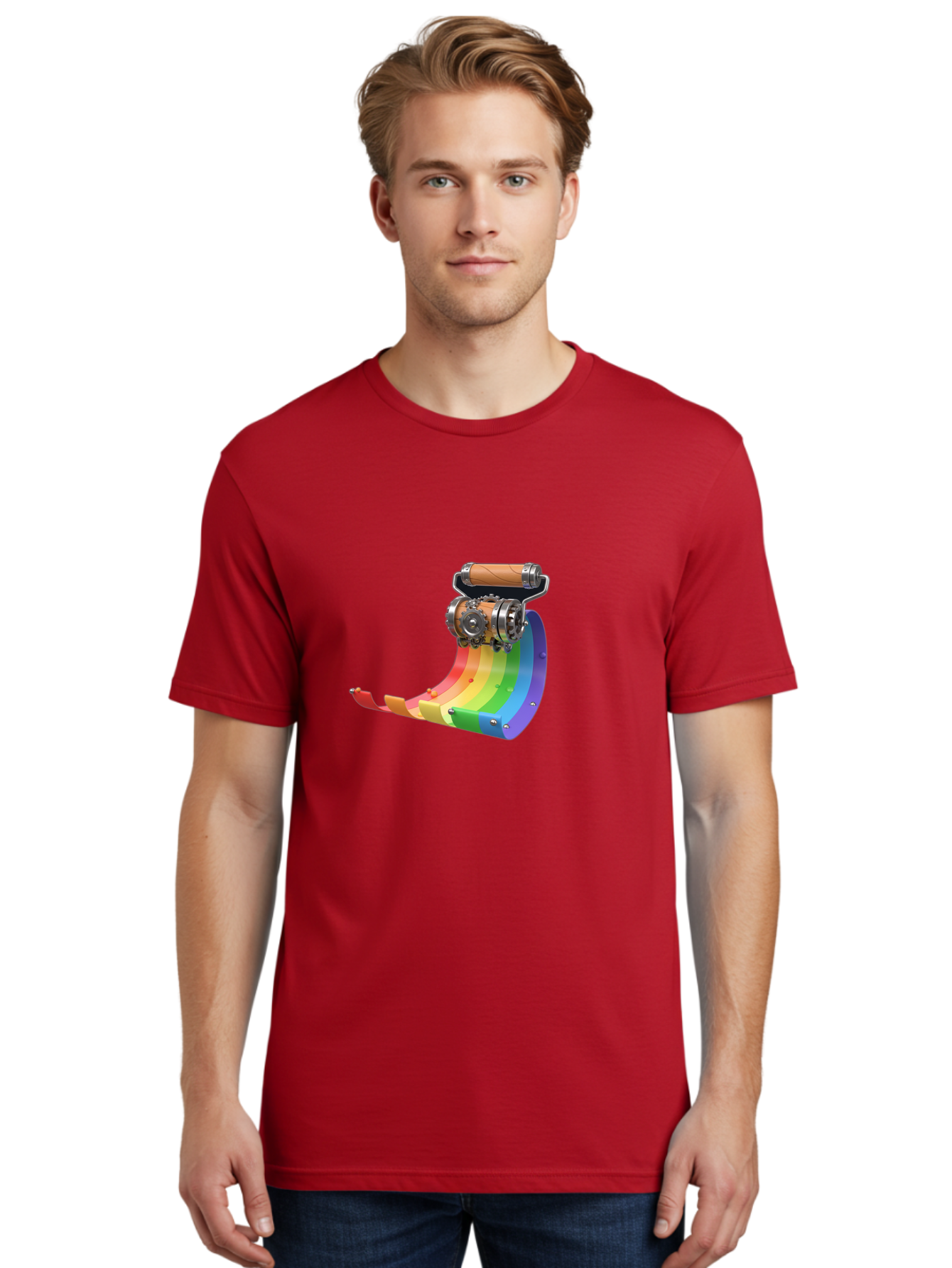 Camera-On-Strip Men'S Graphic Tee, 100% Cotton, Comfortable Casual Summer Wear, Machine Washable, Steampunk Machinery, Industrial Design, Rainbow-Colored Metal, 3D Rendering, Futuristic Technology, Retro-Futurism, Imaginative Concept, Bac772
