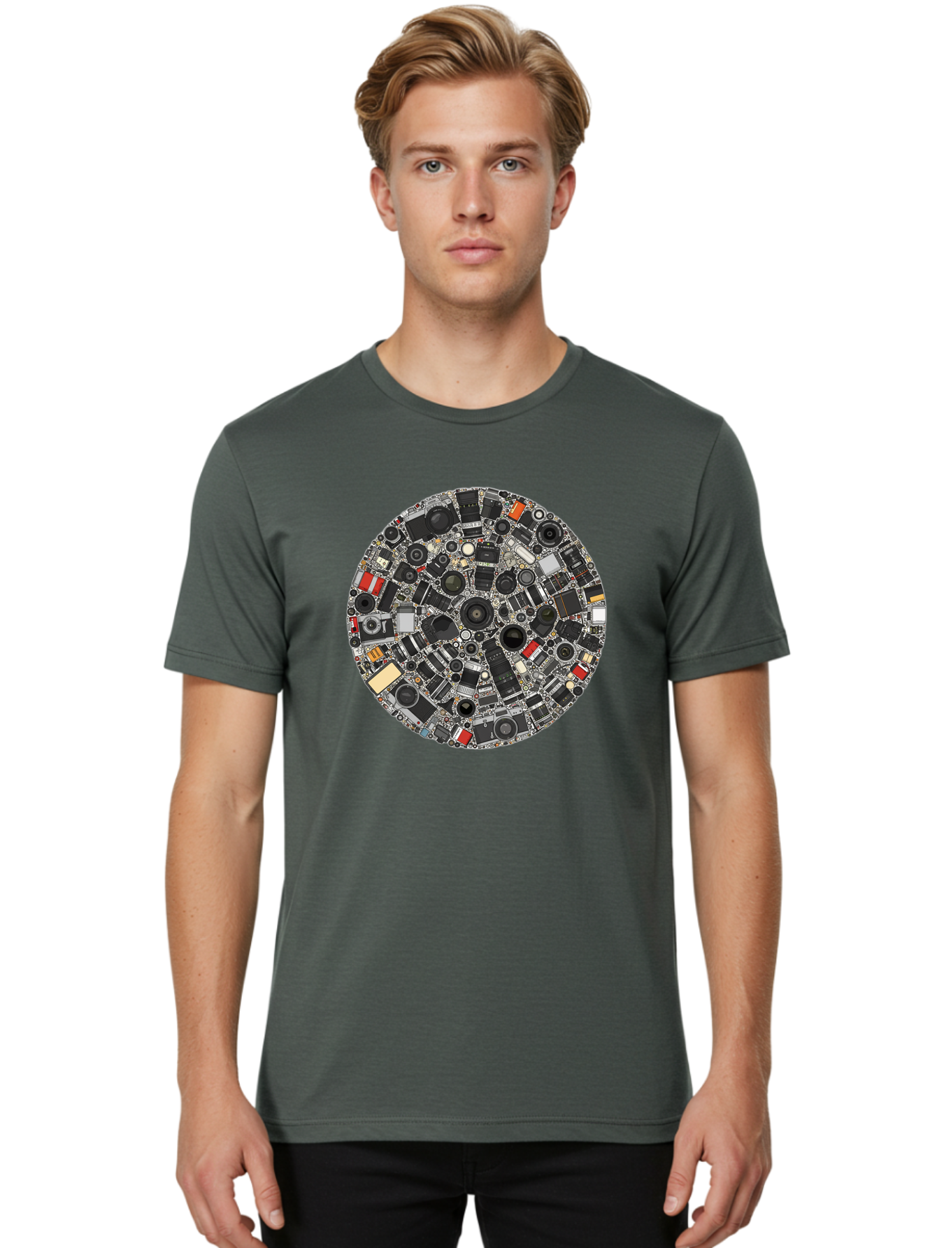 Camera-Parts-Mosaic Men'S Graphic Tee, 100% Cotton, Comfortable Casual Summer Wear, Machine Washable, Camera Parts, Lenses, Photography Equipment, Vintage Cameras, Camera Accessories, Photography Gear, Camera Lenses, Camera Collage, Bac773