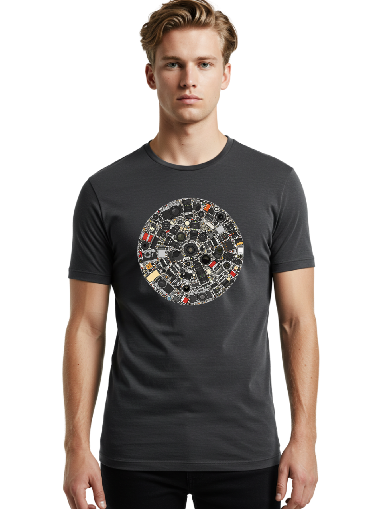 Camera-Parts-Mosaic Men'S Graphic Tee, 100% Cotton, Comfortable Casual Summer Wear, Machine Washable, Camera Parts, Lenses, Photography Equipment, Vintage Cameras, Camera Accessories, Photography Gear, Camera Lenses, Camera Collage, Bac773
