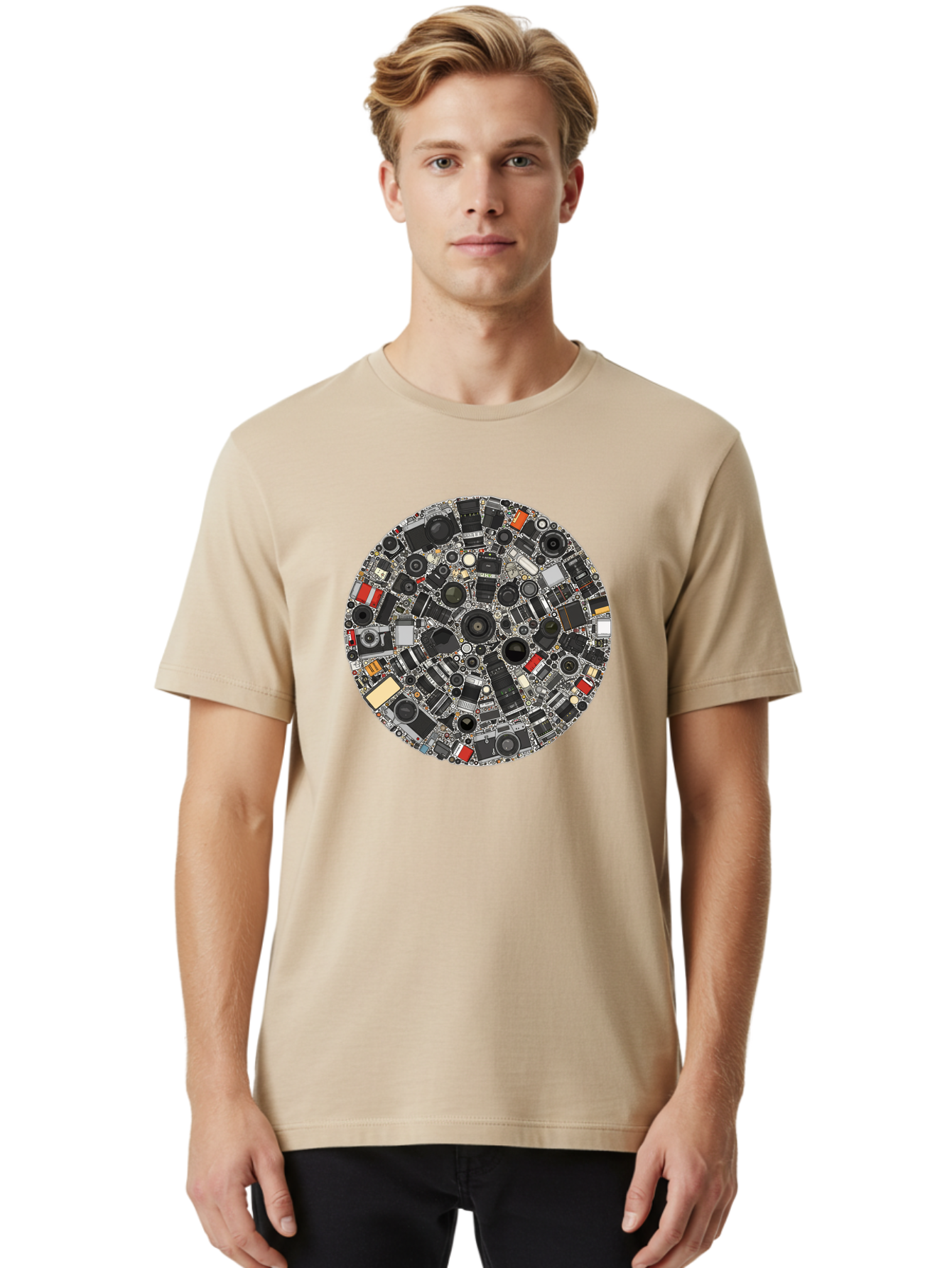 Camera-Parts-Mosaic Men'S Graphic Tee, 100% Cotton, Comfortable Casual Summer Wear, Machine Washable, Camera Parts, Lenses, Photography Equipment, Vintage Cameras, Camera Accessories, Photography Gear, Camera Lenses, Camera Collage, Bac773