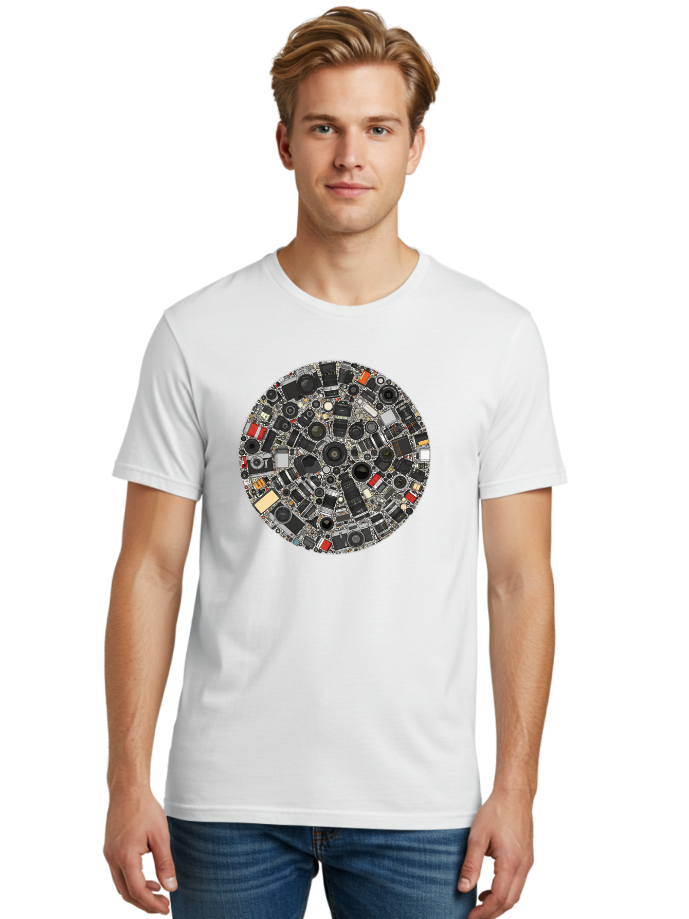 Camera-Parts-Mosaic Men'S Graphic Tee, 100% Cotton, Comfortable Casual Summer Wear, Machine Washable, Camera Parts, Lenses, Photography Equipment, Vintage Cameras, Camera Accessories, Photography Gear, Camera Lenses, Camera Collage, Bac773