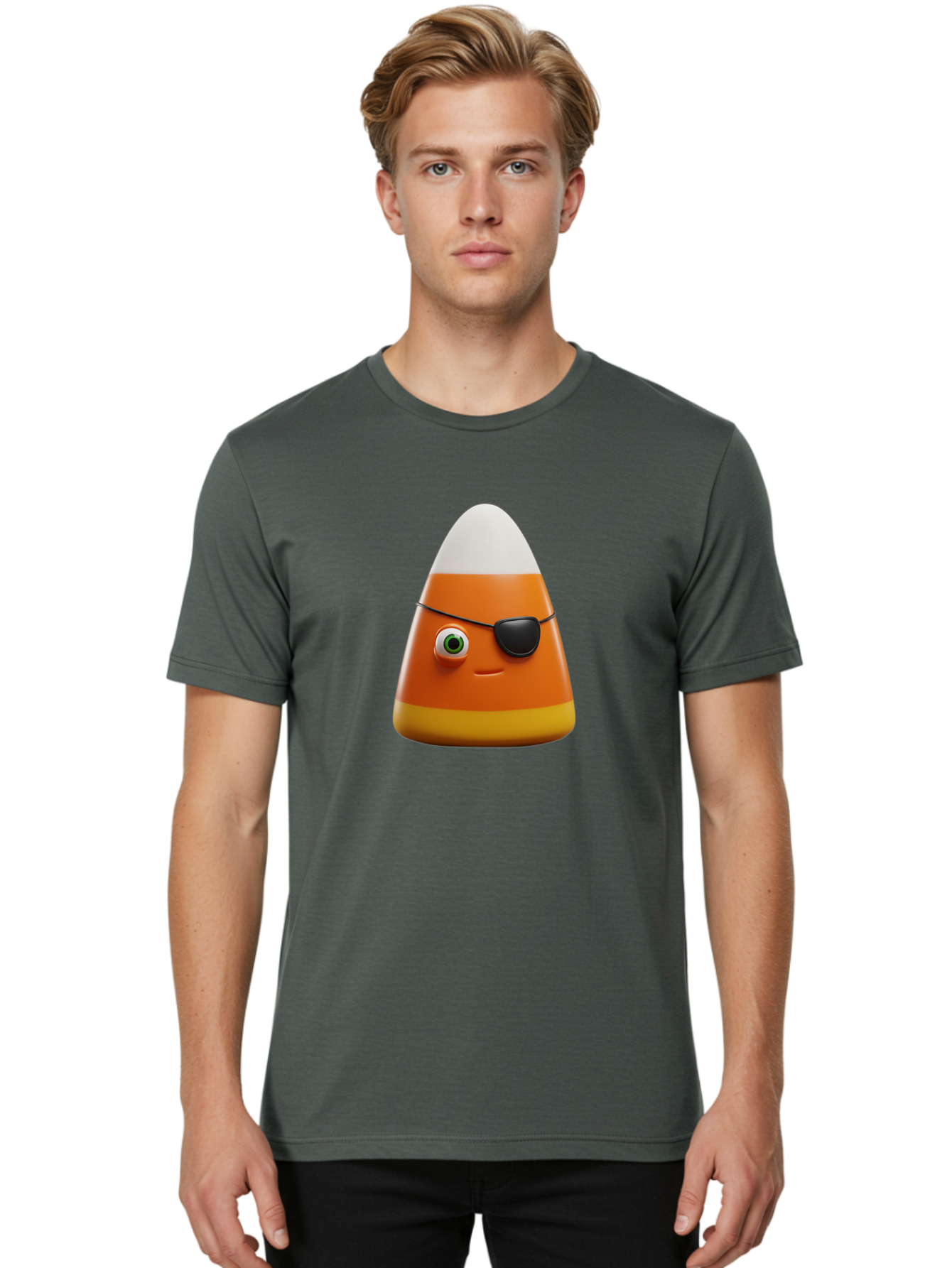 Candy-Corn-With-Eye-Patch Men'S Graphic Tee, 100% Cotton, Comfortable Casual Summer Wear, Machine Washable, Candy Corn Cartoon Character, Halloween Candy, Pirate-Themed Sweets, Sweet Treats, Colorful Candy, Fun Halloween, Cartoon Graphics, Bac778