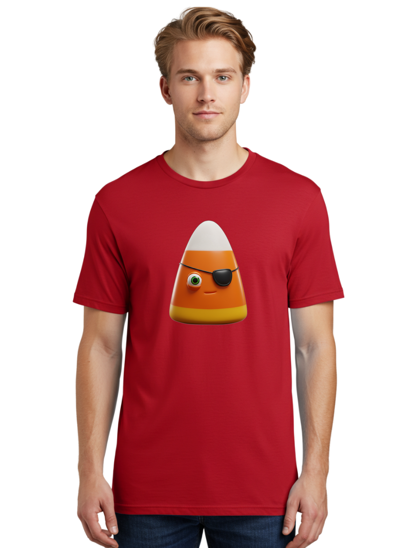 Candy-Corn-With-Eye-Patch Men'S Graphic Tee, 100% Cotton, Comfortable Casual Summer Wear, Machine Washable, Candy Corn Cartoon Character, Halloween Candy, Pirate-Themed Sweets, Sweet Treats, Colorful Candy, Fun Halloween, Cartoon Graphics, Bac778