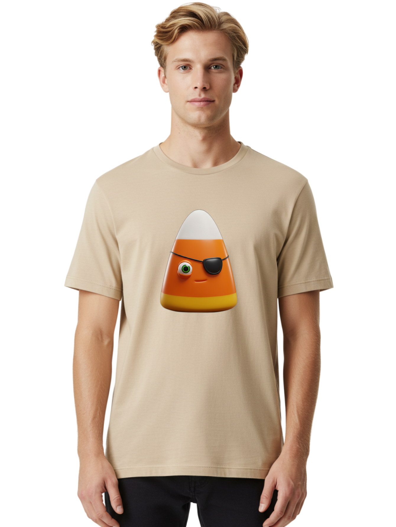 Candy-Corn-With-Eye-Patch Men'S Graphic Tee, 100% Cotton, Comfortable Casual Summer Wear, Machine Washable, Candy Corn Cartoon Character, Halloween Candy, Pirate-Themed Sweets, Sweet Treats, Colorful Candy, Fun Halloween, Cartoon Graphics, Bac778