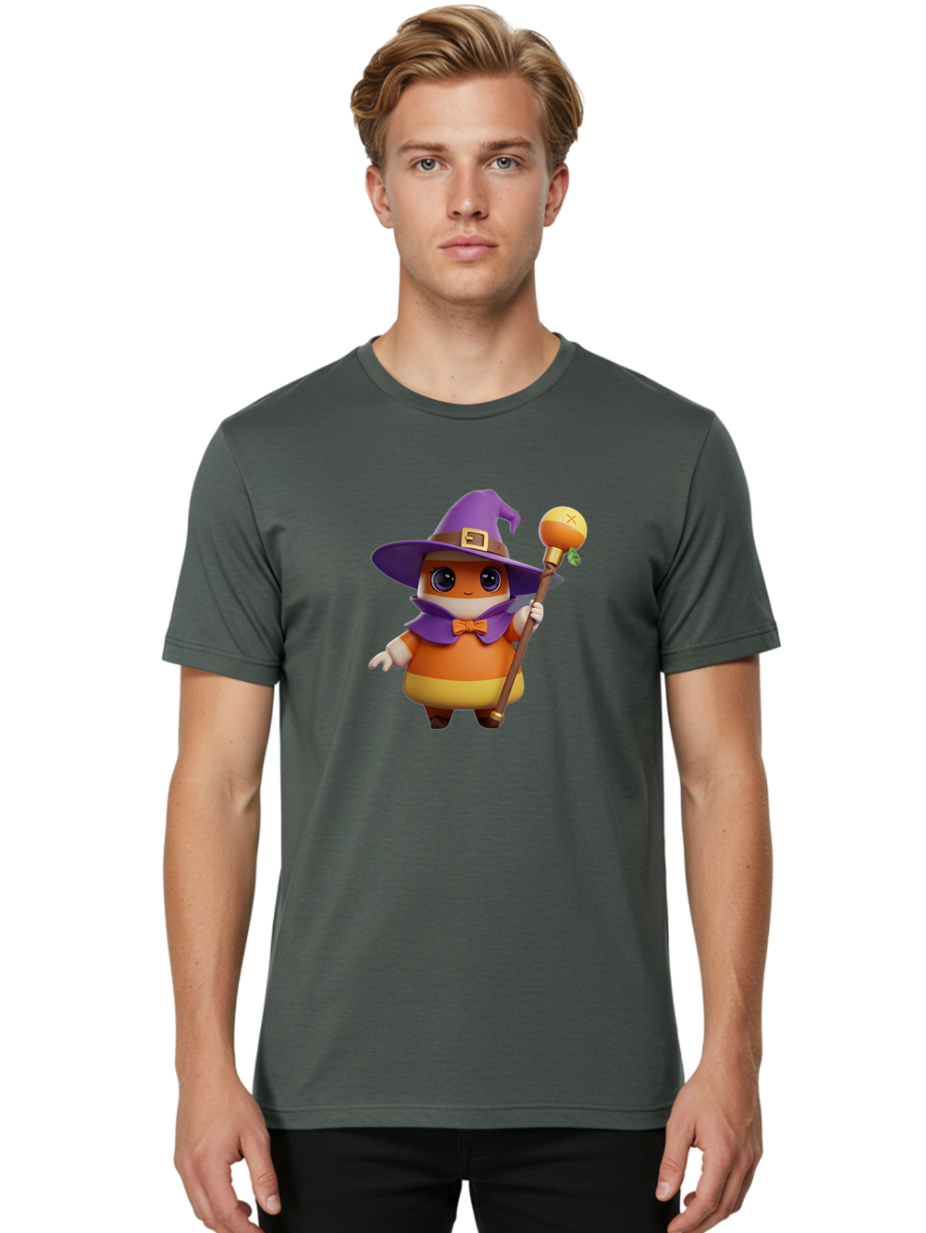 Candy-Witch Men'S Graphic Tee, 100% Cotton, Comfortable Casual Summer Wear, Machine Washable, Candy Character, Wizard Hat, Magical Staff, Orange Bow Tie, Purple Cape, Cartoon Style, Fantasy Creature, Sweet Treat, Magical Powers, Bac780