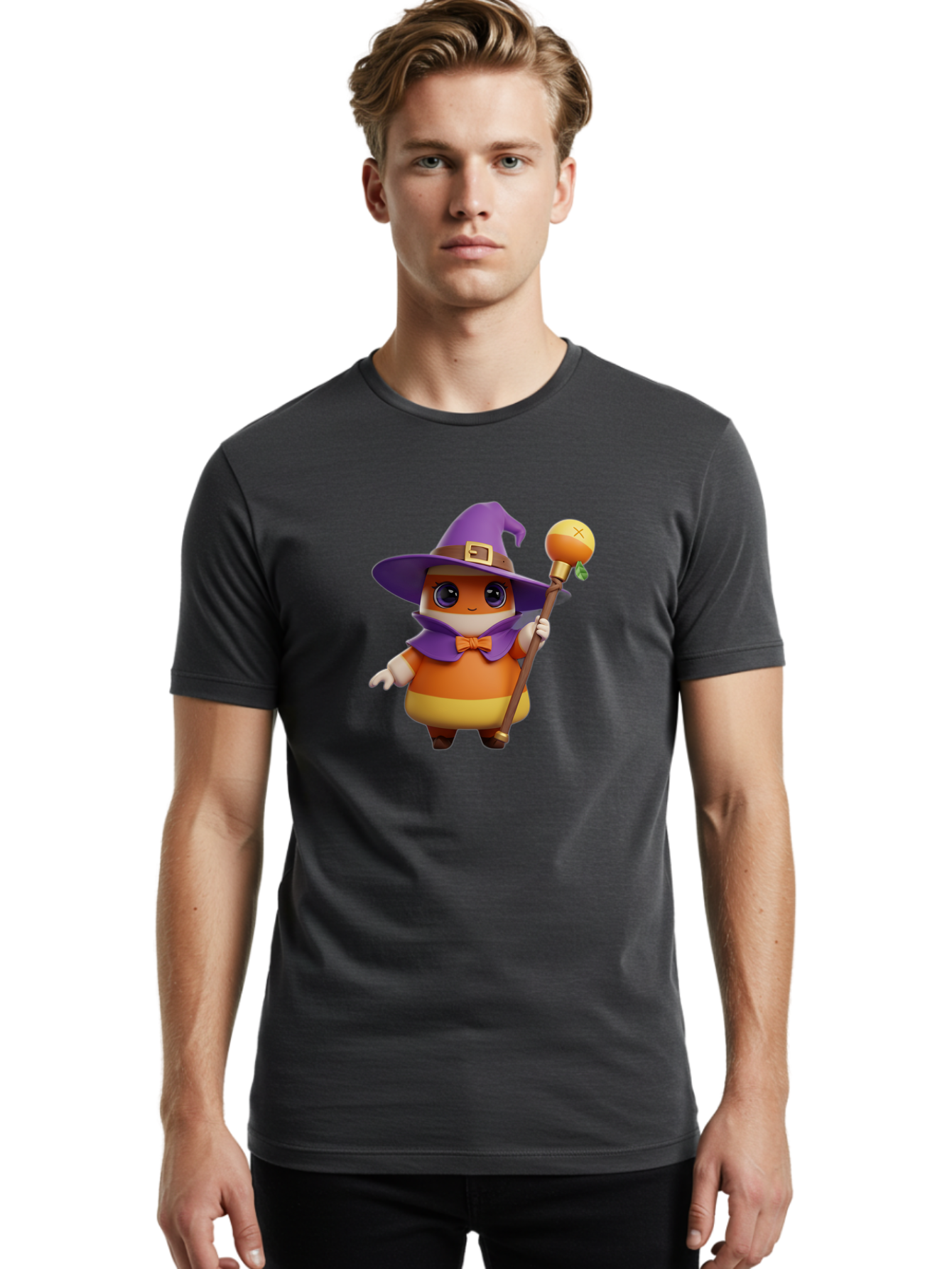 Candy-Witch Men'S Graphic Tee, 100% Cotton, Comfortable Casual Summer Wear, Machine Washable, Candy Character, Wizard Hat, Magical Staff, Orange Bow Tie, Purple Cape, Cartoon Style, Fantasy Creature, Sweet Treat, Magical Powers, Bac780