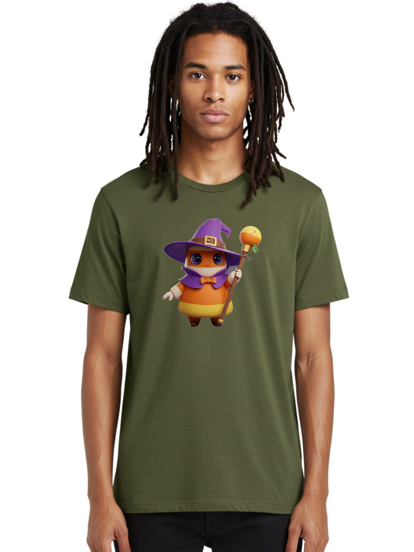 Candy-Witch Men'S Graphic Tee, 100% Cotton, Comfortable Casual Summer Wear, Machine Washable, Candy Character, Wizard Hat, Magical Staff, Orange Bow Tie, Purple Cape, Cartoon Style, Fantasy Creature, Sweet Treat, Magical Powers, Bac780