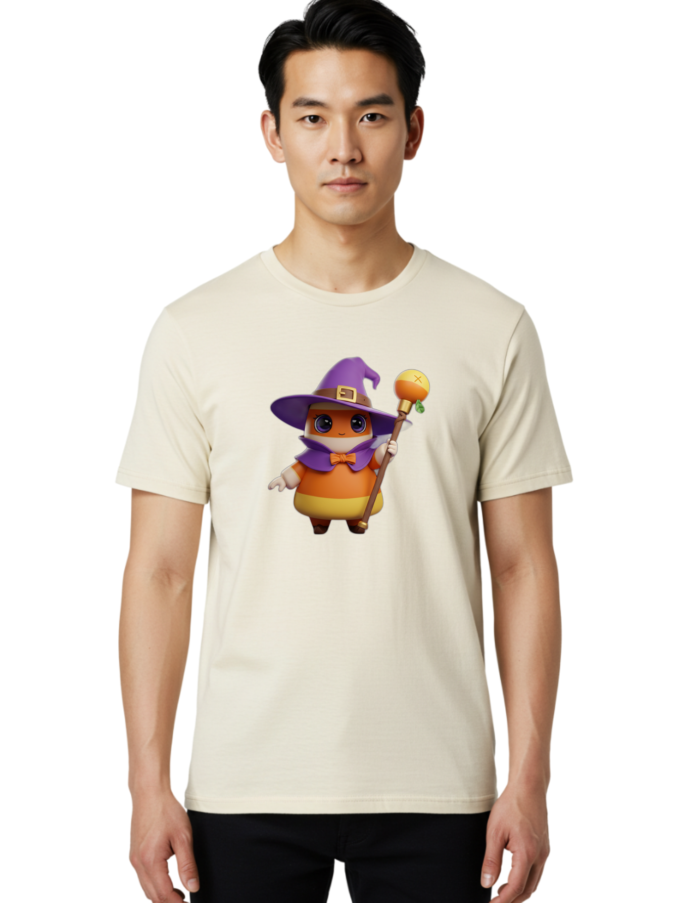 Candy-Witch Men'S Graphic Tee, 100% Cotton, Comfortable Casual Summer Wear, Machine Washable, Candy Character, Wizard Hat, Magical Staff, Orange Bow Tie, Purple Cape, Cartoon Style, Fantasy Creature, Sweet Treat, Magical Powers, Bac780