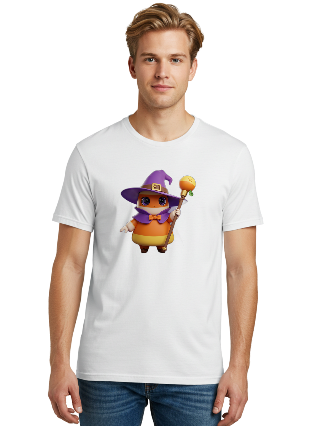 Candy-Witch Men'S Graphic Tee, 100% Cotton, Comfortable Casual Summer Wear, Machine Washable, Candy Character, Wizard Hat, Magical Staff, Orange Bow Tie, Purple Cape, Cartoon Style, Fantasy Creature, Sweet Treat, Magical Powers, Bac780