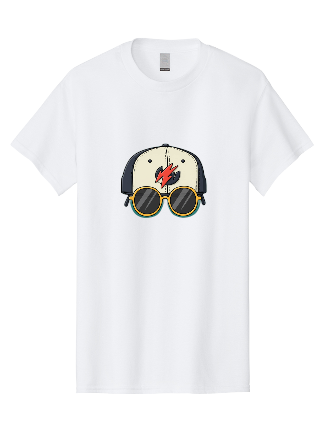 Cap-With-Sunglasses-And-Lightning-Bolt Men'S Graphic Tee, 100% Cotton, Comfortable Casual Summer Wear, Machine Washable, Baseball Cap, Trendy Sunglasses, Red Lightning Bolt, Cool Design, Fashionable Accessories, Stylish Hat, Yellow Frames, Bac781