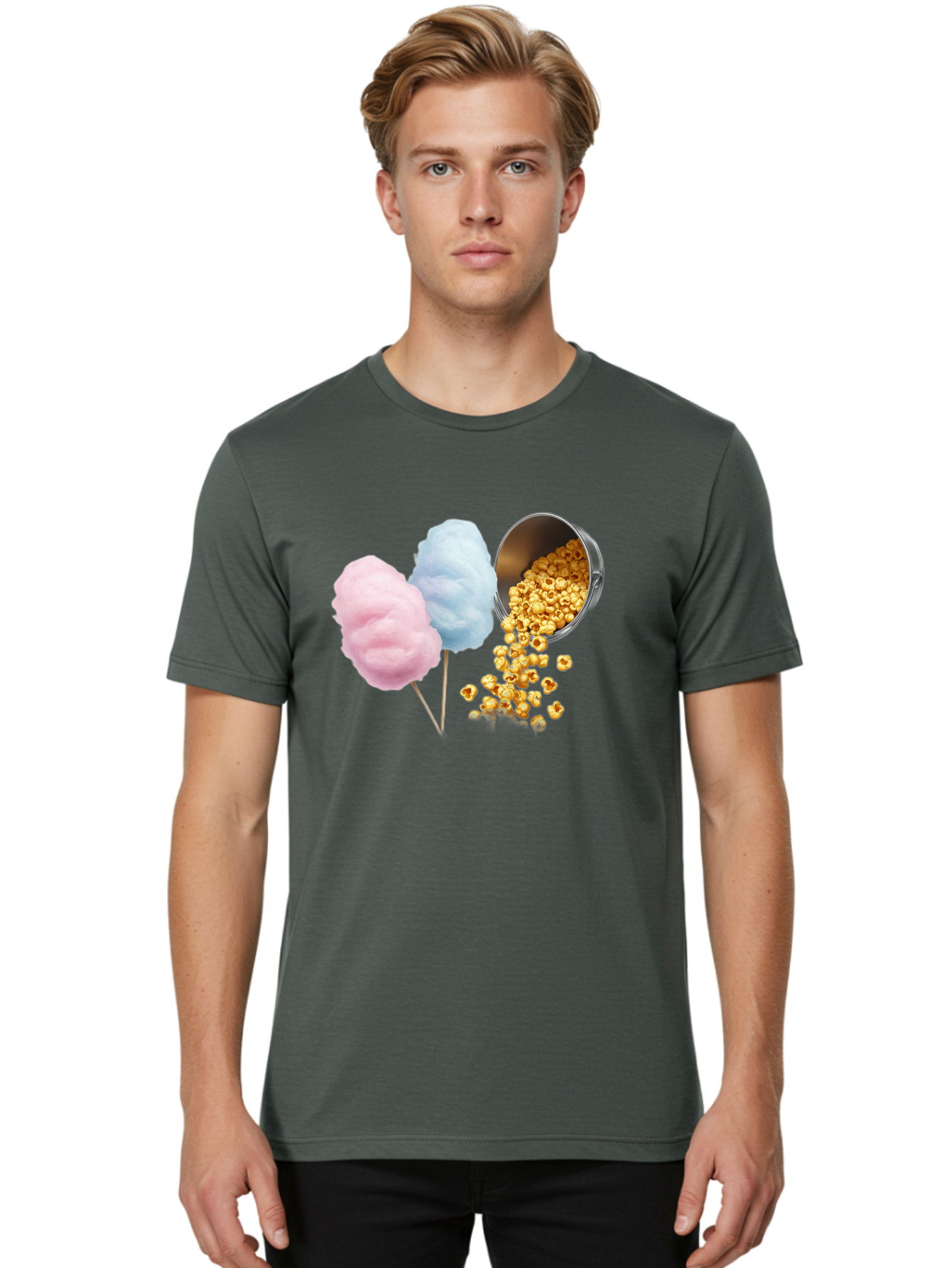 Caramel-Popcorn-And-Cotton-Candy Men'S Graphic Tee, 100% Cotton, Comfortable Casual Summer Wear, Machine Washable, Cotton Candy, Caramel Popcorn, Sweet Treats, Fair Food, Party Snacks, Tasty Delights, Fluffy Cotton Candy, Sticky Caramel, Bac782