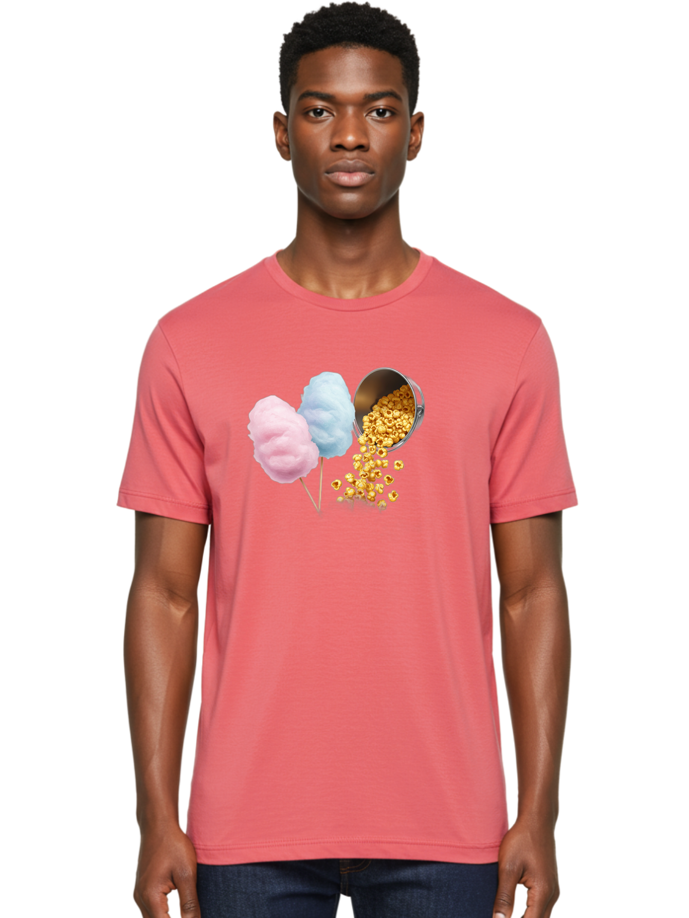 Caramel-Popcorn-And-Cotton-Candy Men'S Graphic Tee, 100% Cotton, Comfortable Casual Summer Wear, Machine Washable, Cotton Candy, Caramel Popcorn, Sweet Treats, Fair Food, Party Snacks, Tasty Delights, Fluffy Cotton Candy, Sticky Caramel, Bac782