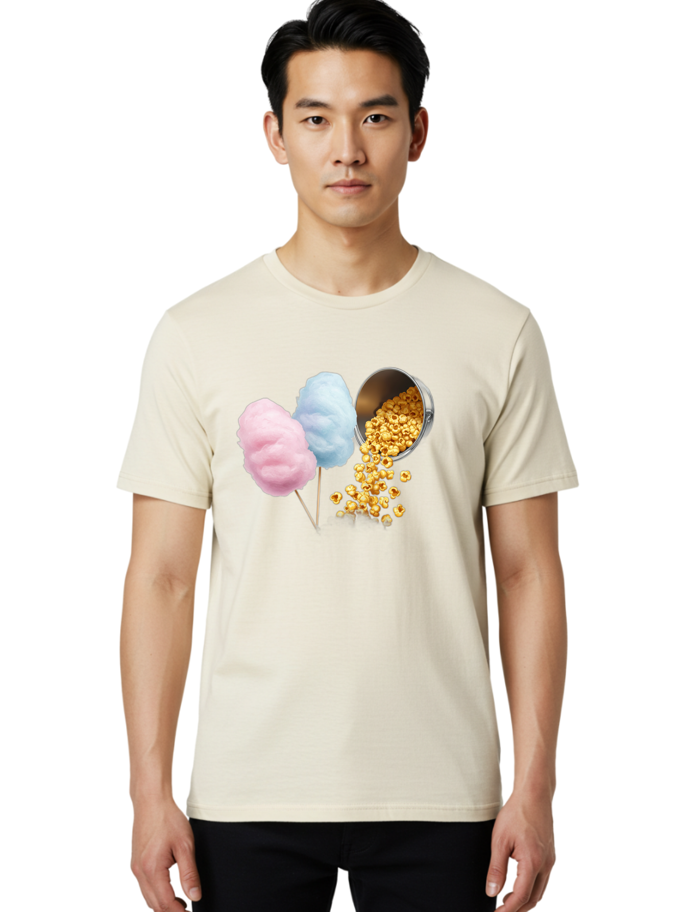 Caramel-Popcorn-And-Cotton-Candy Men'S Graphic Tee, 100% Cotton, Comfortable Casual Summer Wear, Machine Washable, Cotton Candy, Caramel Popcorn, Sweet Treats, Fair Food, Party Snacks, Tasty Delights, Fluffy Cotton Candy, Sticky Caramel, Bac782