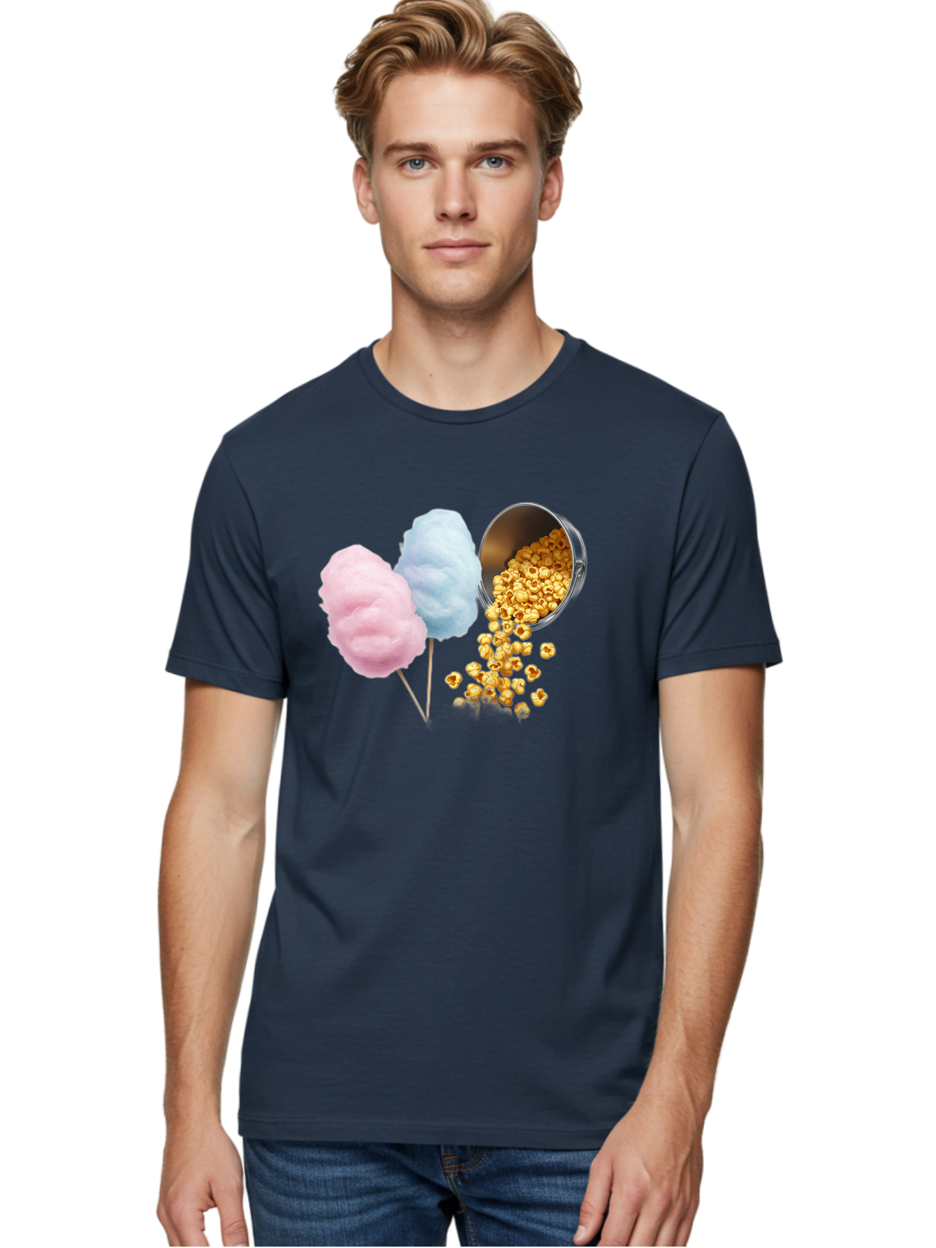 Caramel-Popcorn-And-Cotton-Candy Men'S Graphic Tee, 100% Cotton, Comfortable Casual Summer Wear, Machine Washable, Cotton Candy, Caramel Popcorn, Sweet Treats, Fair Food, Party Snacks, Tasty Delights, Fluffy Cotton Candy, Sticky Caramel, Bac782
