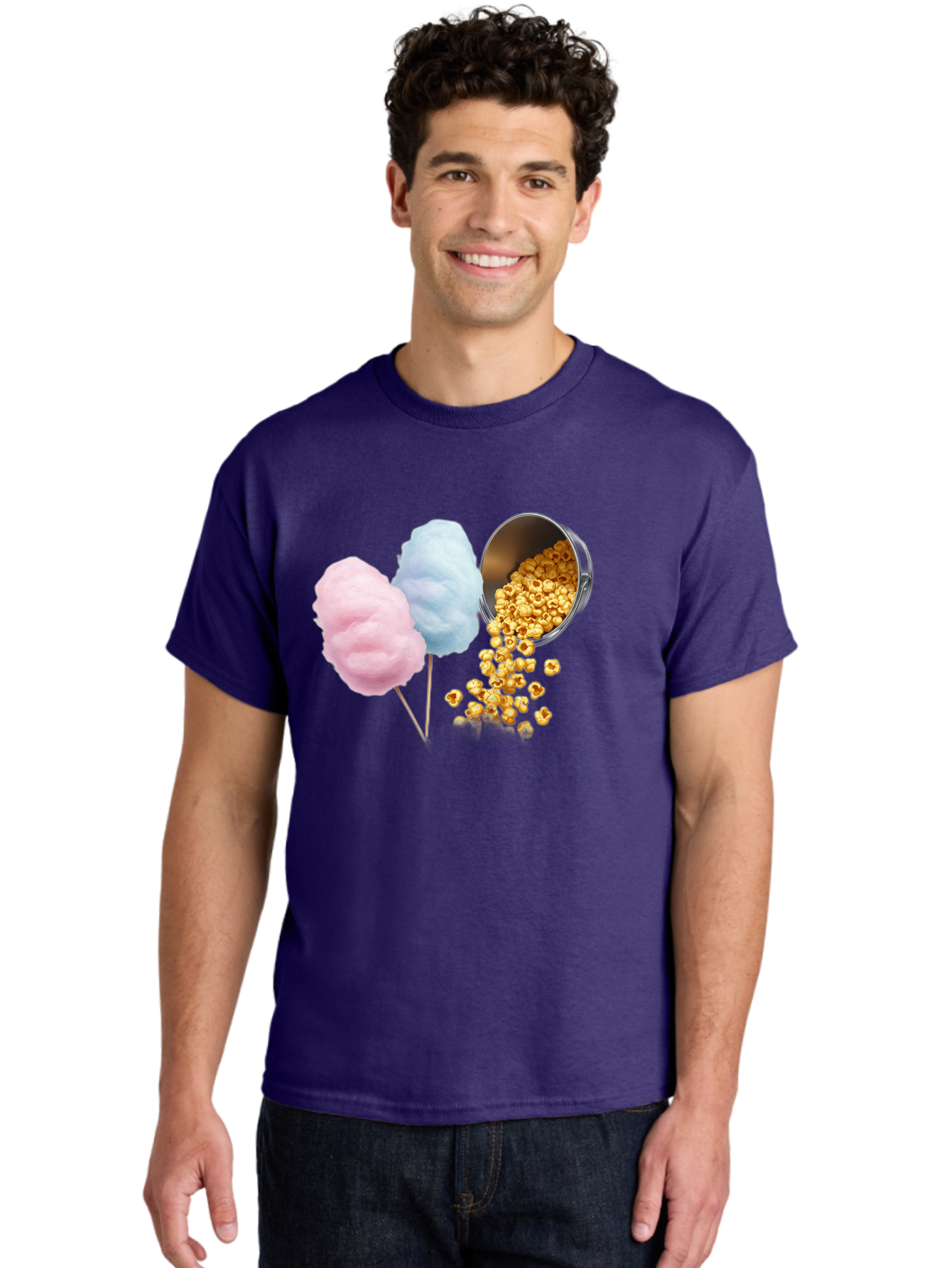Caramel-Popcorn-And-Cotton-Candy Men'S Graphic Tee, 100% Cotton, Comfortable Casual Summer Wear, Machine Washable, Cotton Candy, Caramel Popcorn, Sweet Treats, Fair Food, Party Snacks, Tasty Delights, Fluffy Cotton Candy, Sticky Caramel, Bac782