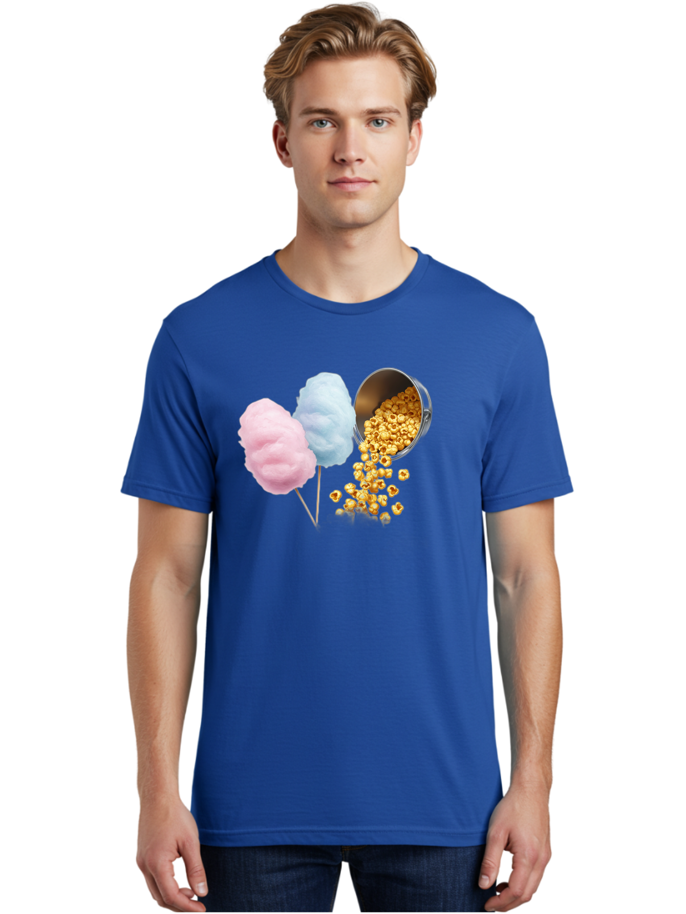Caramel-Popcorn-And-Cotton-Candy Men'S Graphic Tee, 100% Cotton, Comfortable Casual Summer Wear, Machine Washable, Cotton Candy, Caramel Popcorn, Sweet Treats, Fair Food, Party Snacks, Tasty Delights, Fluffy Cotton Candy, Sticky Caramel, Bac782
