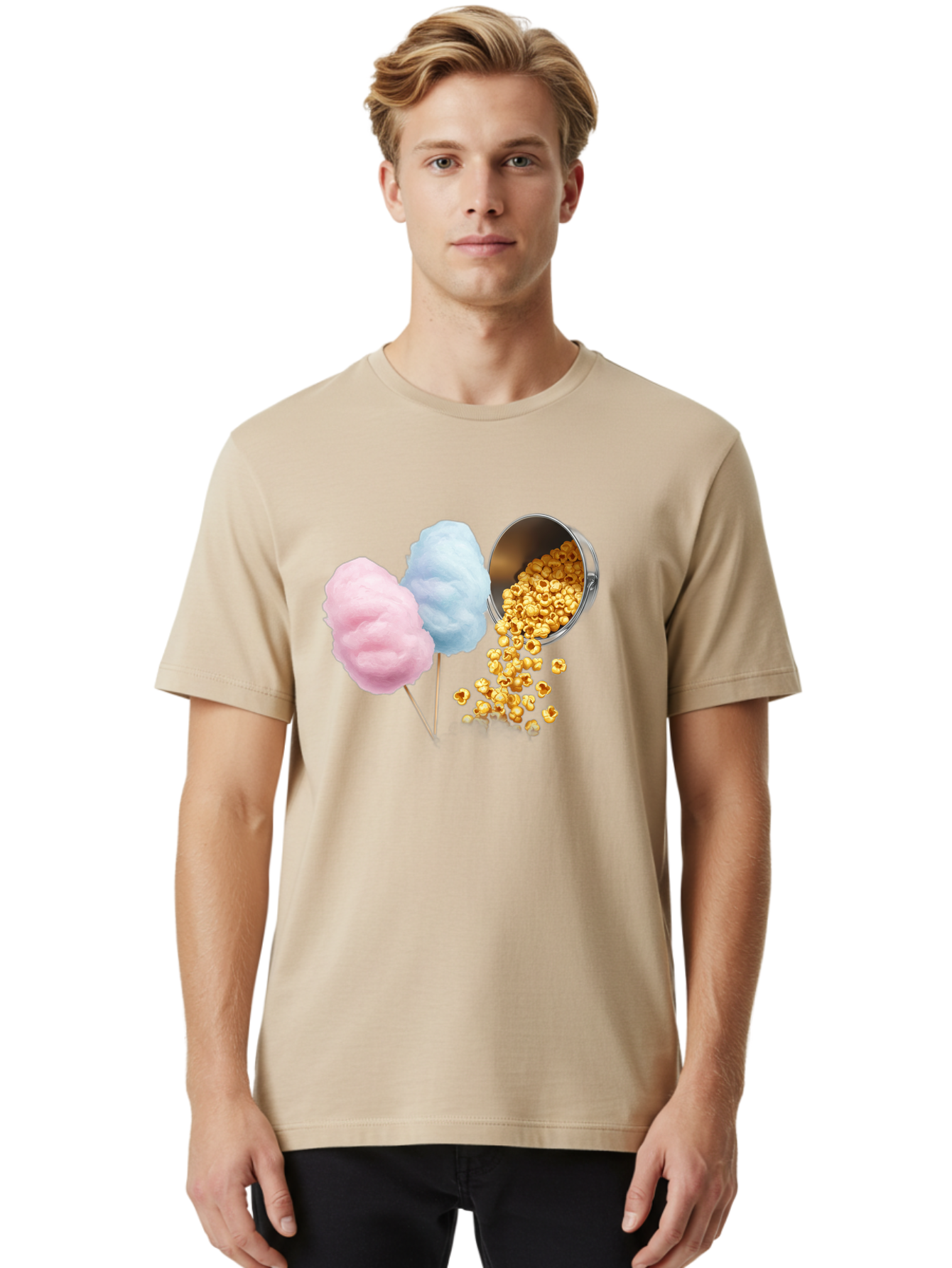 Caramel-Popcorn-And-Cotton-Candy Men'S Graphic Tee, 100% Cotton, Comfortable Casual Summer Wear, Machine Washable, Cotton Candy, Caramel Popcorn, Sweet Treats, Fair Food, Party Snacks, Tasty Delights, Fluffy Cotton Candy, Sticky Caramel, Bac782