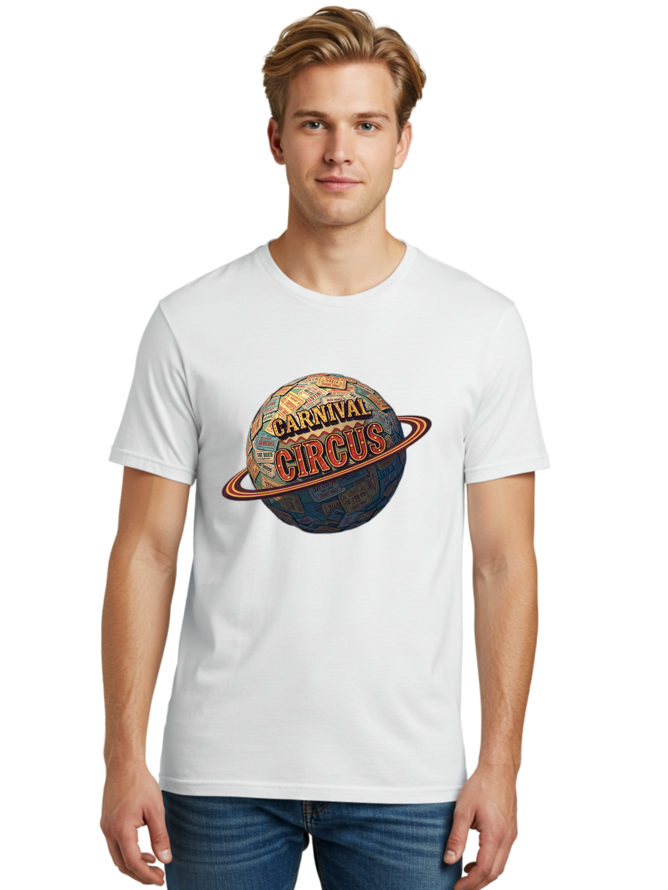 Carnival-Circus-1 Men'S Graphic Tee, 100% Cotton, Comfortable Casual Summer Wear, Machine Washable, Carnival Circus, Earth With Ring, Vintage Posters, Global Celebration, Festive Atmosphere, Entertainment, Travel, Adventure, Event Promotion Bac783