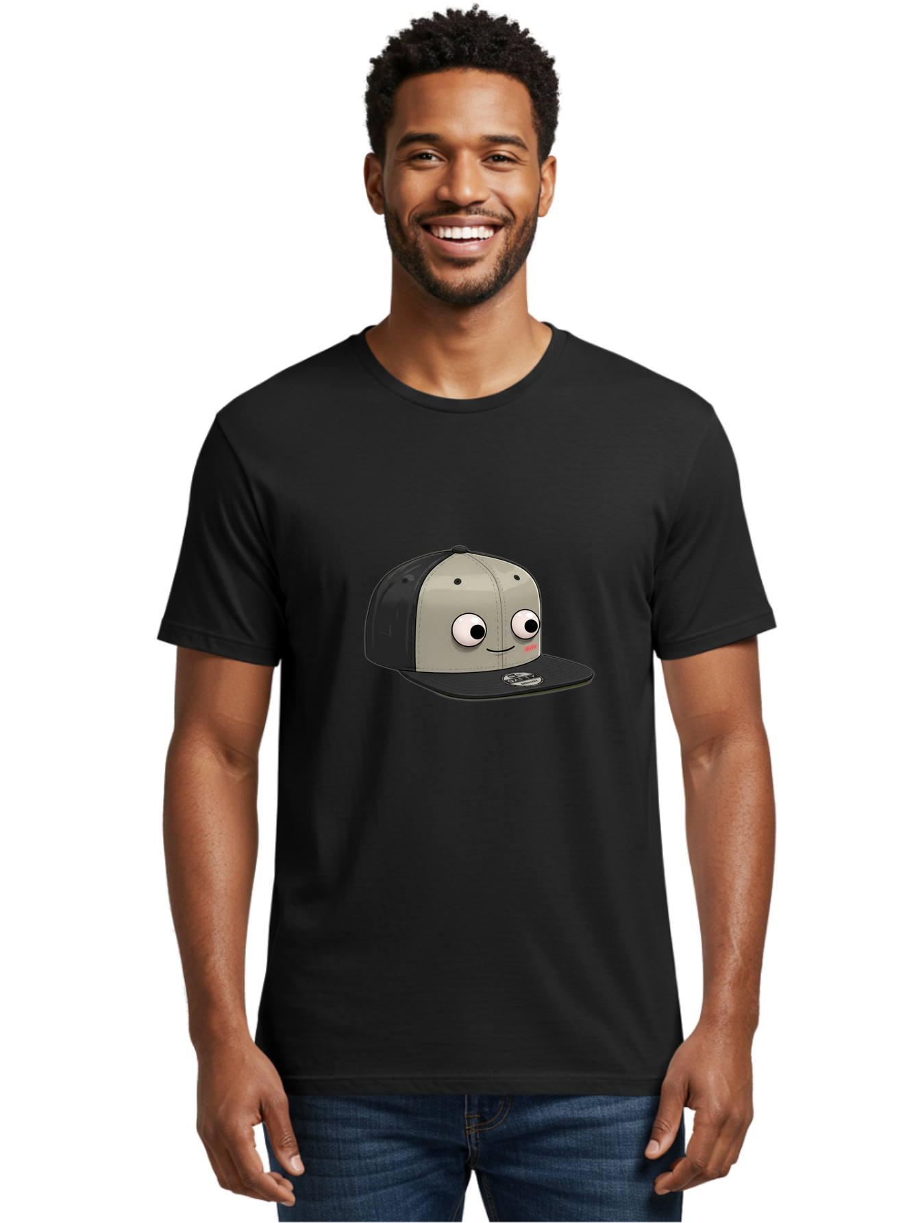 Cartoon-Baseball-Cap Men'S Graphic Tee, 100% Cotton, Comfortable Casual Summer Wear, Machine Washable, Funny Cartoon Baseball Cap, Cartoon Character Design, Smiling Face, Animated Hat, Digital Illustration, Playful Accessory, Bac787