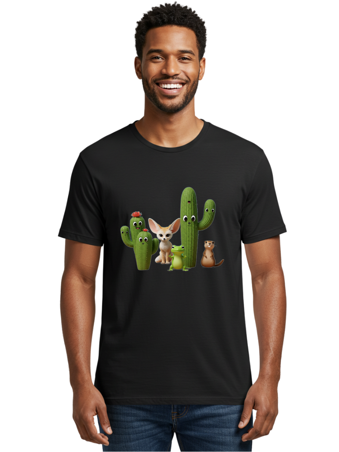 Cartoon-Cactus-And-Animals Men'S Graphic Tee, 100% Cotton, Comfortable Casual Summer Wear, Machine Washable, Cartoon Cacti, 3D Illustration, Desert Animals, Cute Wildlife, Digital Artwork, Funny Characters, Cartoon Characters, Cactus Friends, Bac788