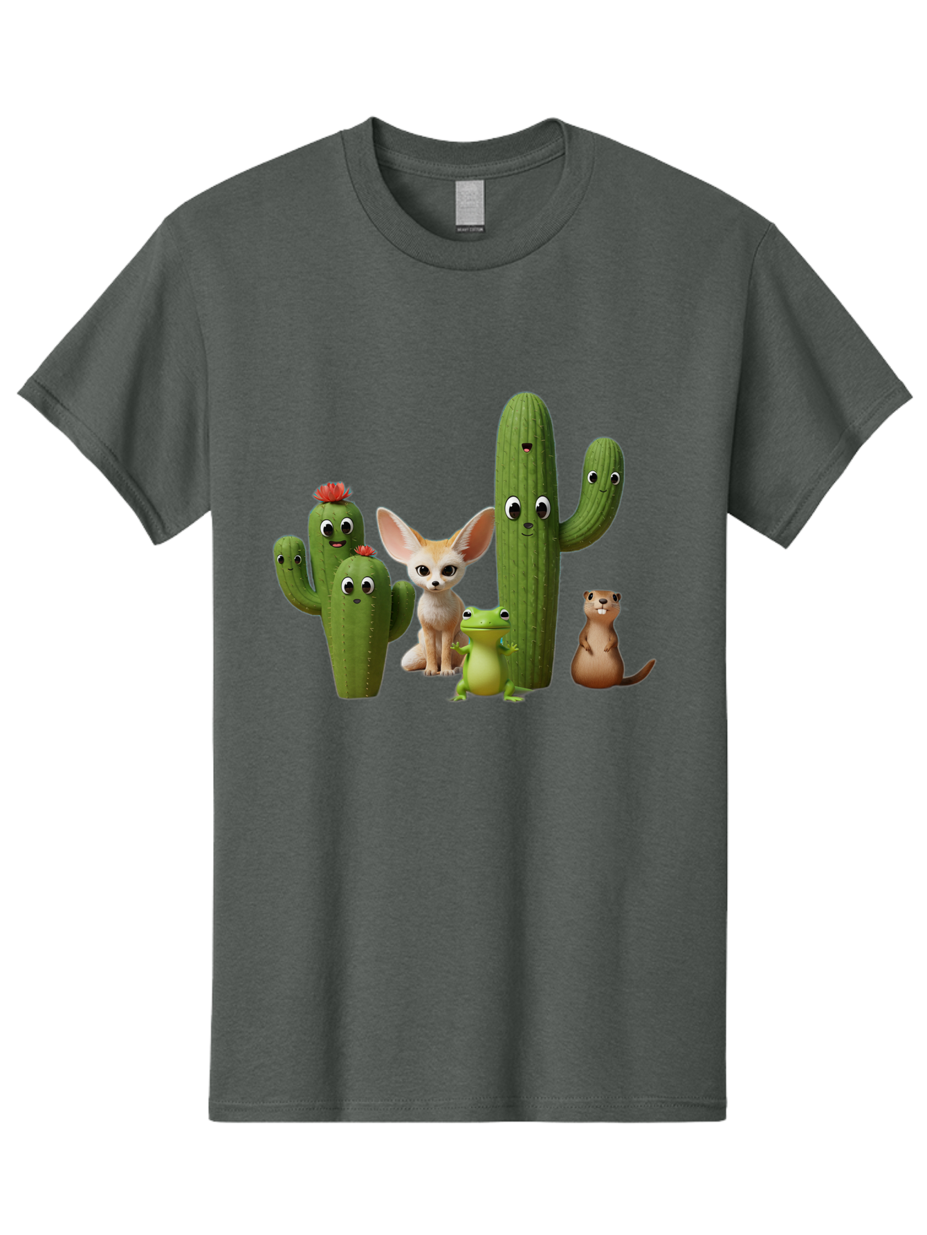 Cartoon-Cactus-And-Animals Men'S Graphic Tee, 100% Cotton, Comfortable Casual Summer Wear, Machine Washable, Cartoon Cacti, 3D Illustration, Desert Animals, Cute Wildlife, Digital Artwork, Funny Characters, Cartoon Characters, Cactus Friends, Bac788