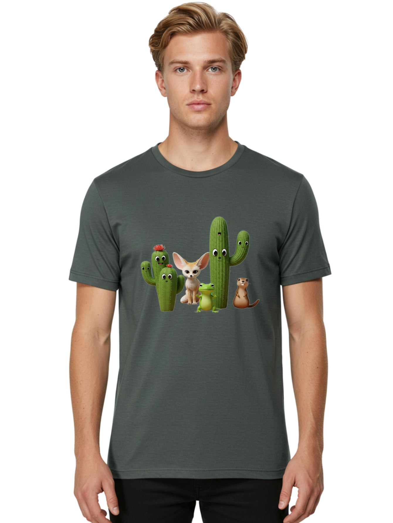 Cartoon-Cactus-And-Animals Men'S Graphic Tee, 100% Cotton, Comfortable Casual Summer Wear, Machine Washable, Cartoon Cacti, 3D Illustration, Desert Animals, Cute Wildlife, Digital Artwork, Funny Characters, Cartoon Characters, Cactus Friends, Bac788