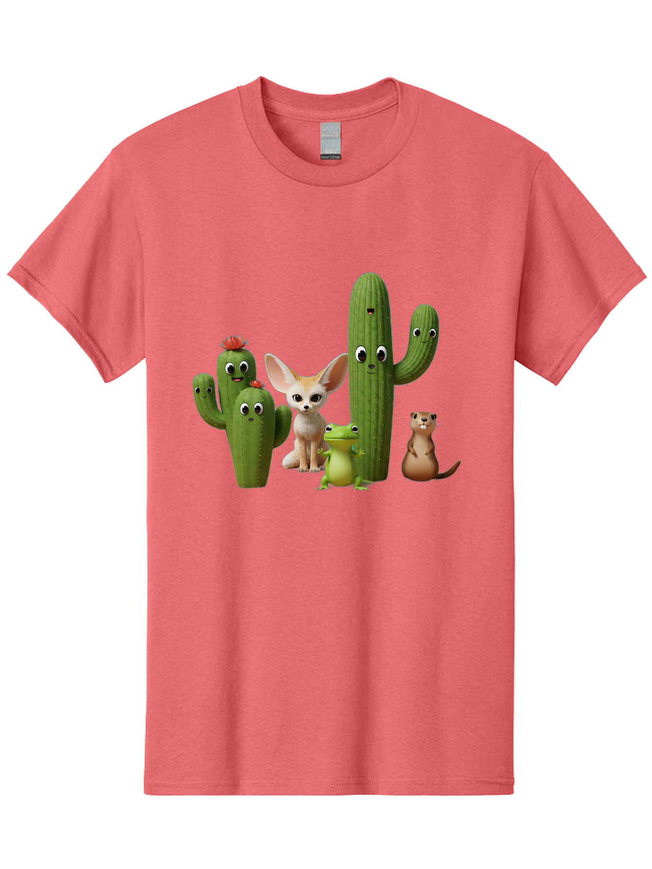 Cartoon-Cactus-And-Animals Men'S Graphic Tee, 100% Cotton, Comfortable Casual Summer Wear, Machine Washable, Cartoon Cacti, 3D Illustration, Desert Animals, Cute Wildlife, Digital Artwork, Funny Characters, Cartoon Characters, Cactus Friends, Bac788