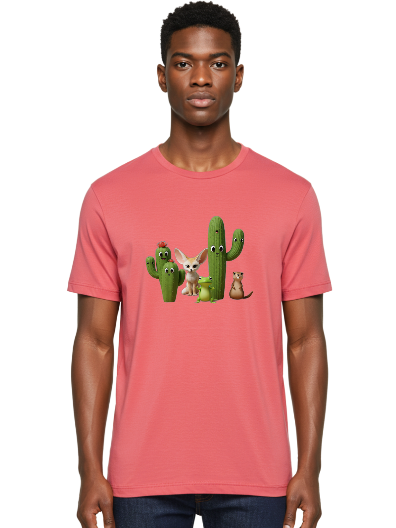 Cartoon-Cactus-And-Animals Men'S Graphic Tee, 100% Cotton, Comfortable Casual Summer Wear, Machine Washable, Cartoon Cacti, 3D Illustration, Desert Animals, Cute Wildlife, Digital Artwork, Funny Characters, Cartoon Characters, Cactus Friends, Bac788