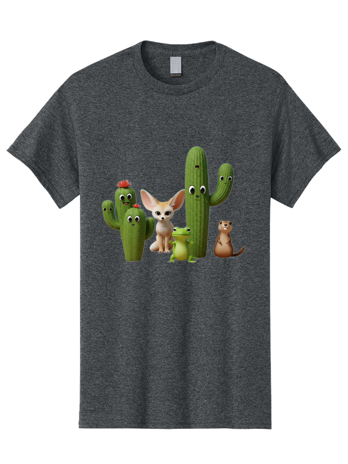 Cartoon-Cactus-And-Animals Men'S Graphic Tee, 100% Cotton, Comfortable Casual Summer Wear, Machine Washable, Cartoon Cacti, 3D Illustration, Desert Animals, Cute Wildlife, Digital Artwork, Funny Characters, Cartoon Characters, Cactus Friends, Bac788