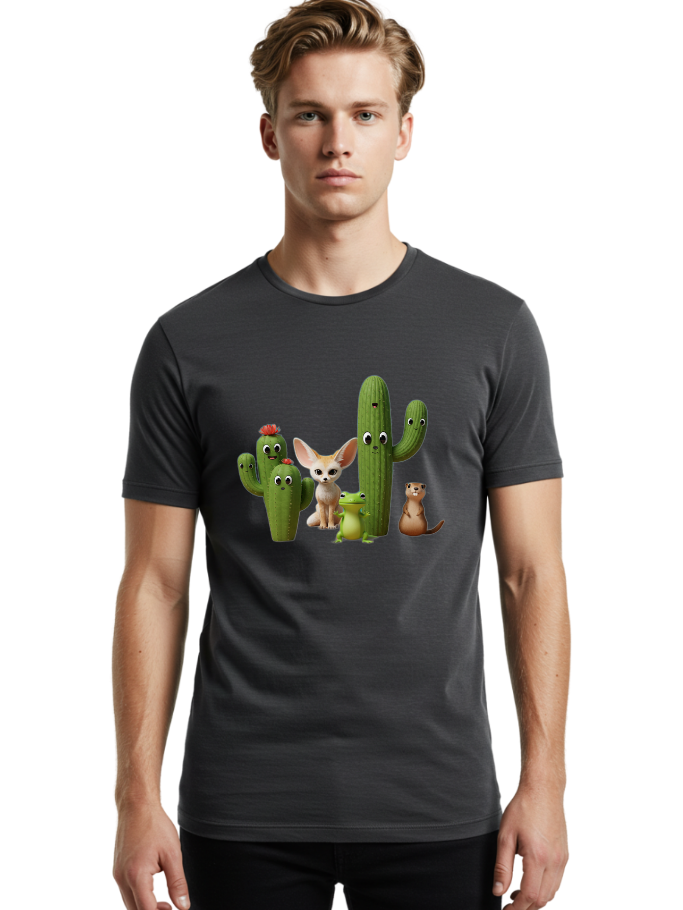 Cartoon-Cactus-And-Animals Men'S Graphic Tee, 100% Cotton, Comfortable Casual Summer Wear, Machine Washable, Cartoon Cacti, 3D Illustration, Desert Animals, Cute Wildlife, Digital Artwork, Funny Characters, Cartoon Characters, Cactus Friends, Bac788