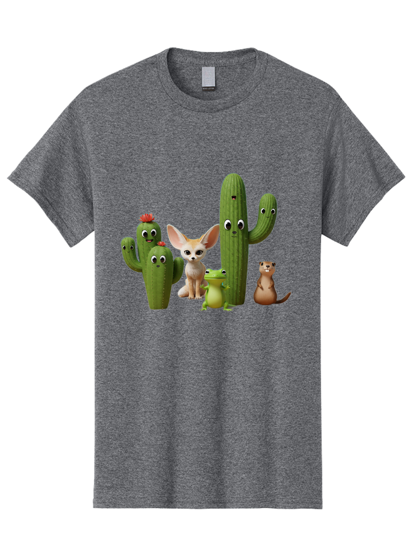 Cartoon-Cactus-And-Animals Men'S Graphic Tee, 100% Cotton, Comfortable Casual Summer Wear, Machine Washable, Cartoon Cacti, 3D Illustration, Desert Animals, Cute Wildlife, Digital Artwork, Funny Characters, Cartoon Characters, Cactus Friends, Bac788