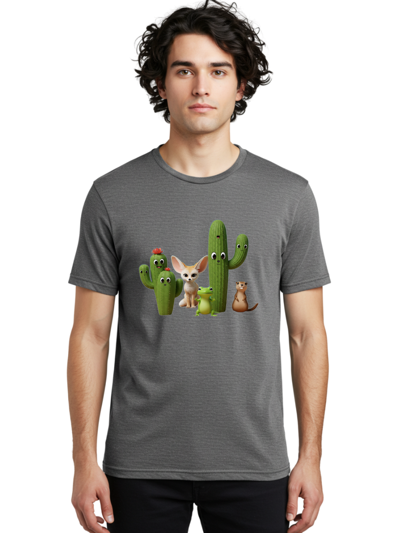 Cartoon-Cactus-And-Animals Men'S Graphic Tee, 100% Cotton, Comfortable Casual Summer Wear, Machine Washable, Cartoon Cacti, 3D Illustration, Desert Animals, Cute Wildlife, Digital Artwork, Funny Characters, Cartoon Characters, Cactus Friends, Bac788