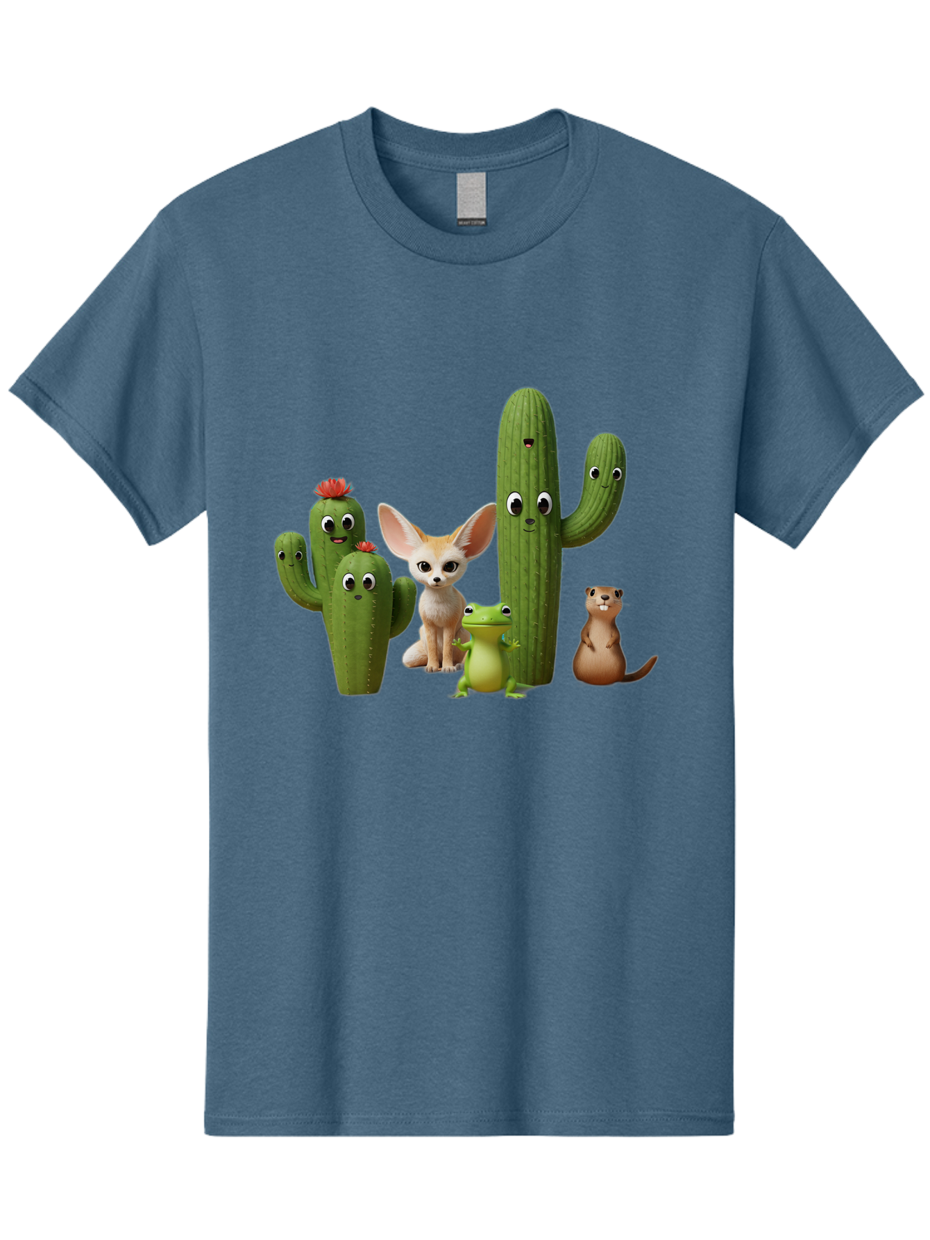 Cartoon-Cactus-And-Animals Men'S Graphic Tee, 100% Cotton, Comfortable Casual Summer Wear, Machine Washable, Cartoon Cacti, 3D Illustration, Desert Animals, Cute Wildlife, Digital Artwork, Funny Characters, Cartoon Characters, Cactus Friends, Bac788