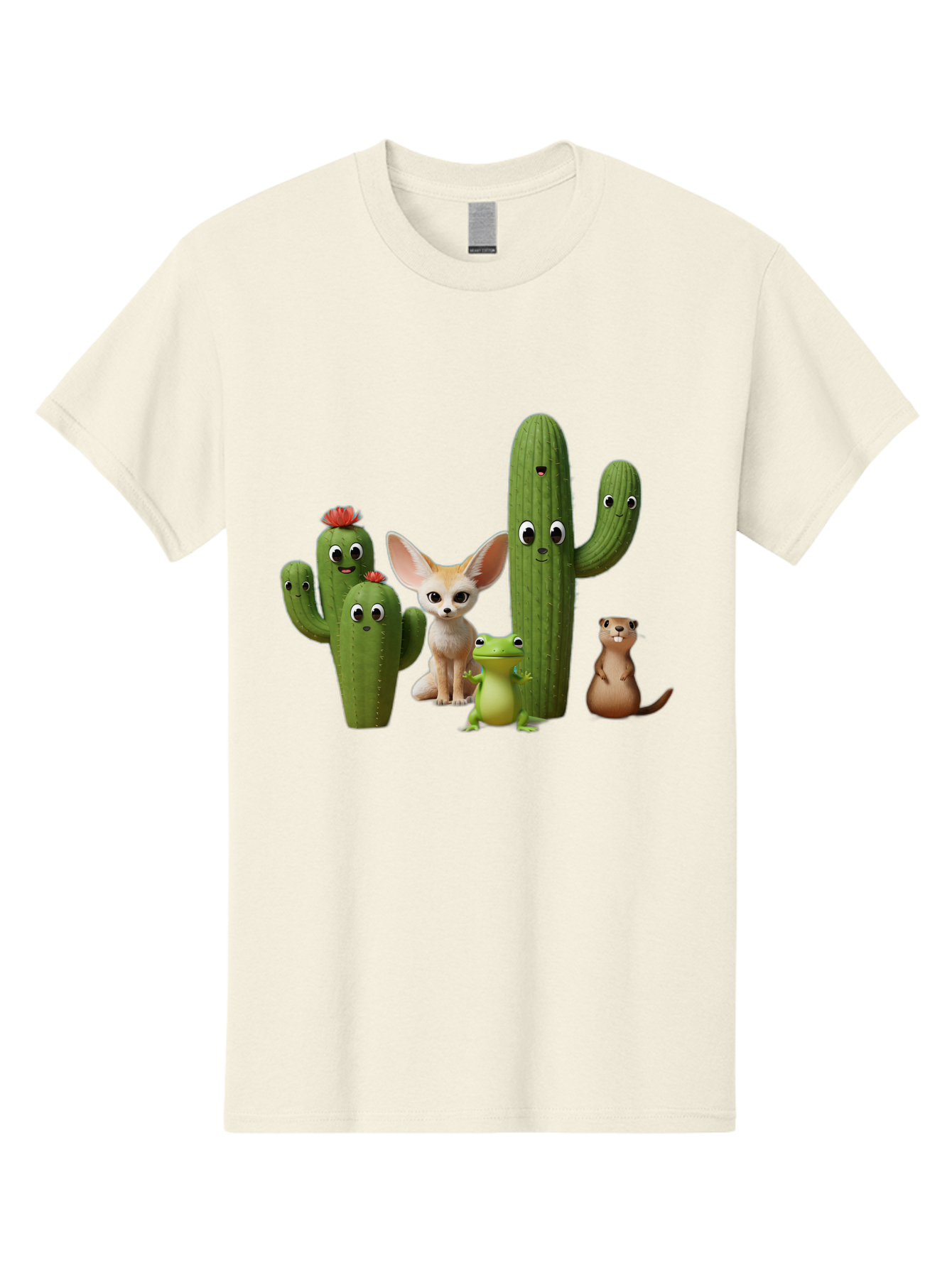 Cartoon-Cactus-And-Animals Men'S Graphic Tee, 100% Cotton, Comfortable Casual Summer Wear, Machine Washable, Cartoon Cacti, 3D Illustration, Desert Animals, Cute Wildlife, Digital Artwork, Funny Characters, Cartoon Characters, Cactus Friends, Bac788
