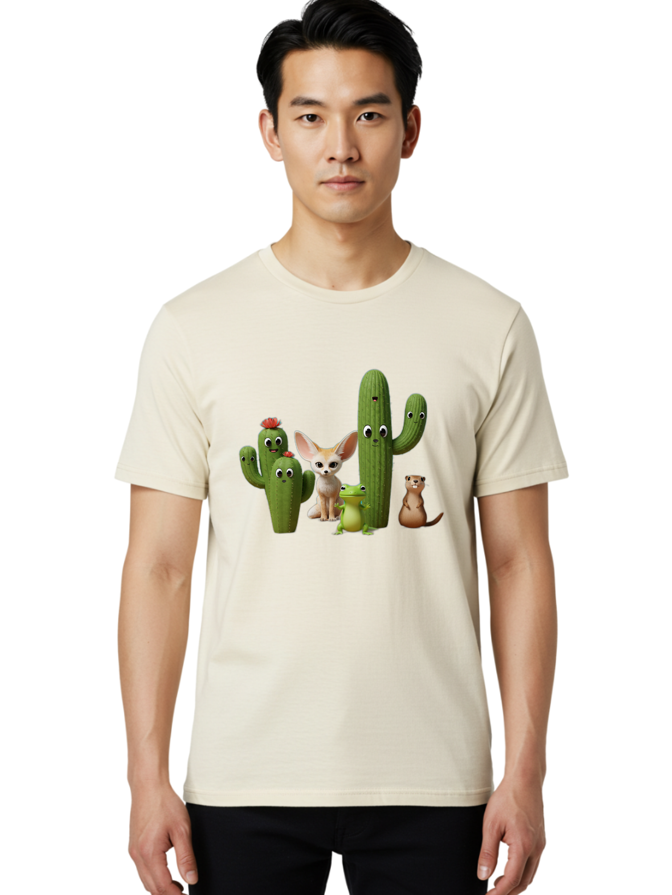 Cartoon-Cactus-And-Animals Men'S Graphic Tee, 100% Cotton, Comfortable Casual Summer Wear, Machine Washable, Cartoon Cacti, 3D Illustration, Desert Animals, Cute Wildlife, Digital Artwork, Funny Characters, Cartoon Characters, Cactus Friends, Bac788