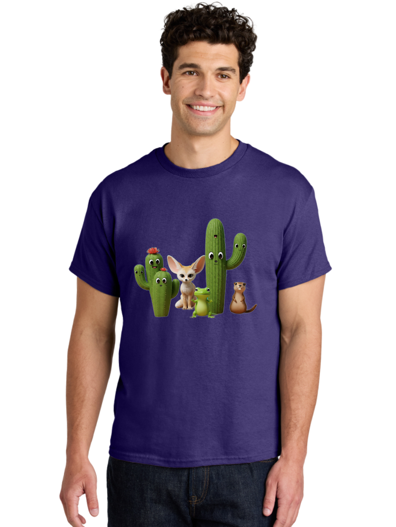 Cartoon-Cactus-And-Animals Men'S Graphic Tee, 100% Cotton, Comfortable Casual Summer Wear, Machine Washable, Cartoon Cacti, 3D Illustration, Desert Animals, Cute Wildlife, Digital Artwork, Funny Characters, Cartoon Characters, Cactus Friends, Bac788