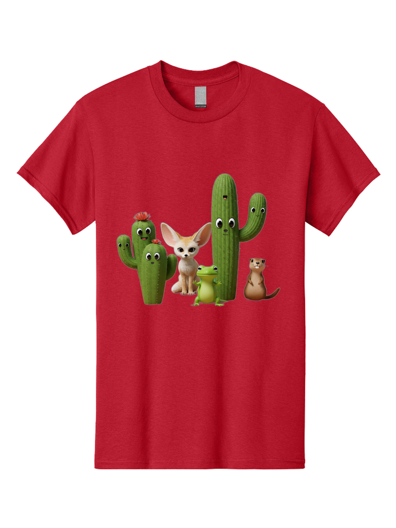 Cartoon-Cactus-And-Animals Men'S Graphic Tee, 100% Cotton, Comfortable Casual Summer Wear, Machine Washable, Cartoon Cacti, 3D Illustration, Desert Animals, Cute Wildlife, Digital Artwork, Funny Characters, Cartoon Characters, Cactus Friends, Bac788