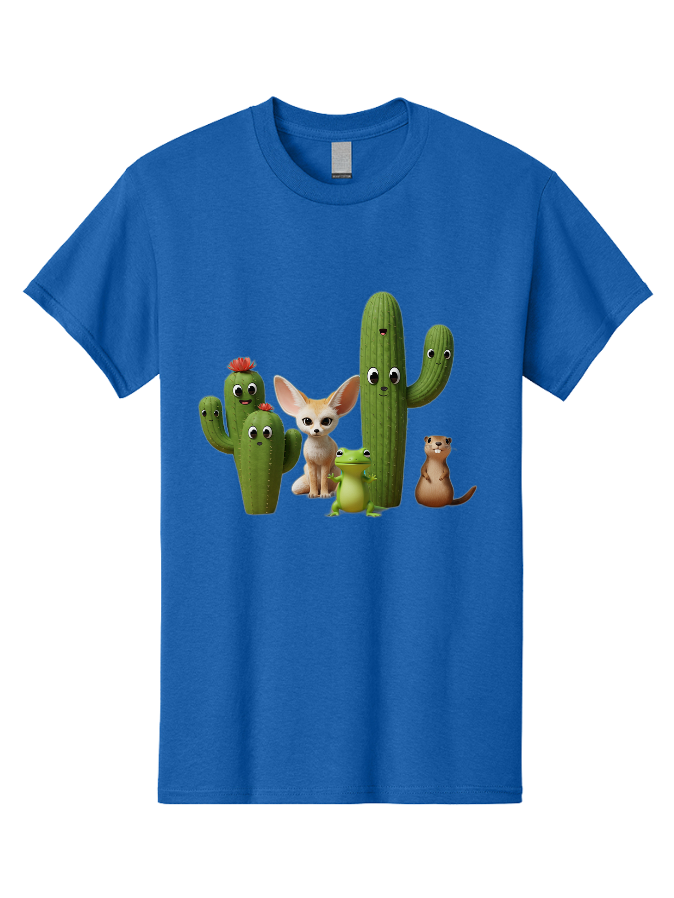 Cartoon-Cactus-And-Animals Men'S Graphic Tee, 100% Cotton, Comfortable Casual Summer Wear, Machine Washable, Cartoon Cacti, 3D Illustration, Desert Animals, Cute Wildlife, Digital Artwork, Funny Characters, Cartoon Characters, Cactus Friends, Bac788