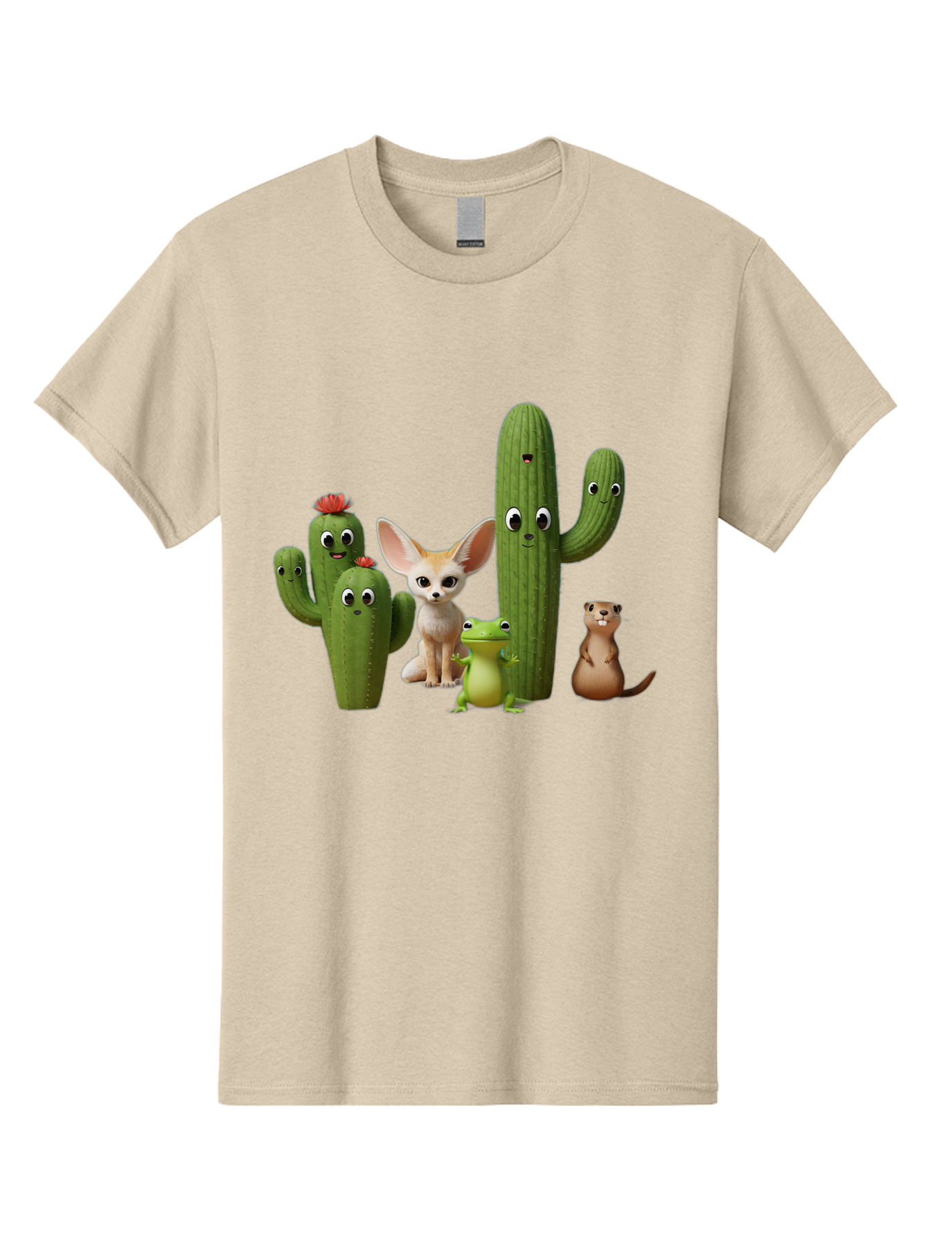 Cartoon-Cactus-And-Animals Men'S Graphic Tee, 100% Cotton, Comfortable Casual Summer Wear, Machine Washable, Cartoon Cacti, 3D Illustration, Desert Animals, Cute Wildlife, Digital Artwork, Funny Characters, Cartoon Characters, Cactus Friends, Bac788