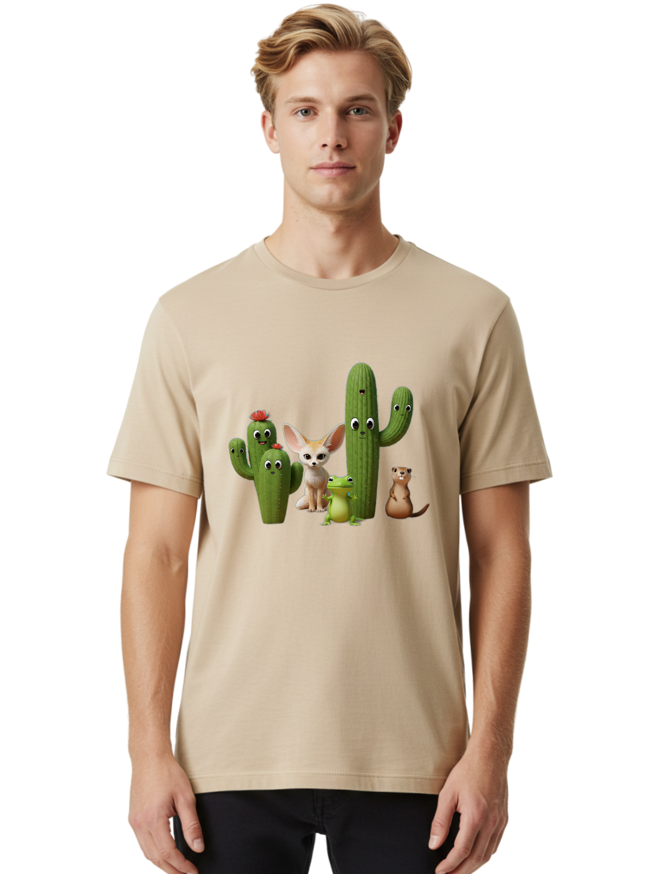 Cartoon-Cactus-And-Animals Men'S Graphic Tee, 100% Cotton, Comfortable Casual Summer Wear, Machine Washable, Cartoon Cacti, 3D Illustration, Desert Animals, Cute Wildlife, Digital Artwork, Funny Characters, Cartoon Characters, Cactus Friends, Bac788